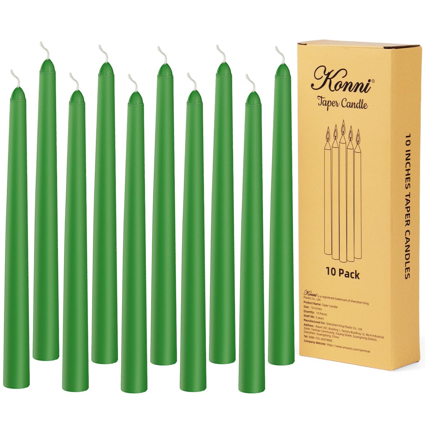 KONNI 0.87×10 Inch Green Taper Candles, Unscented and Smokeless Tall Candlesticks, 10 Pack Tapered Candles with Cotton Wicks, Long Burning, Ideal for Weddings, Dinner Parties, and Home Décor