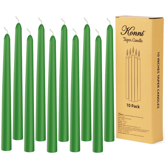 KONNI 0.87×10 Inch Green Taper Candles, Unscented and Smokeless Tall Candlesticks, 10 Pack Tapered Candles with Cotton Wicks, Long Burning, Ideal for Weddings, Dinner Parties, and Home Décor