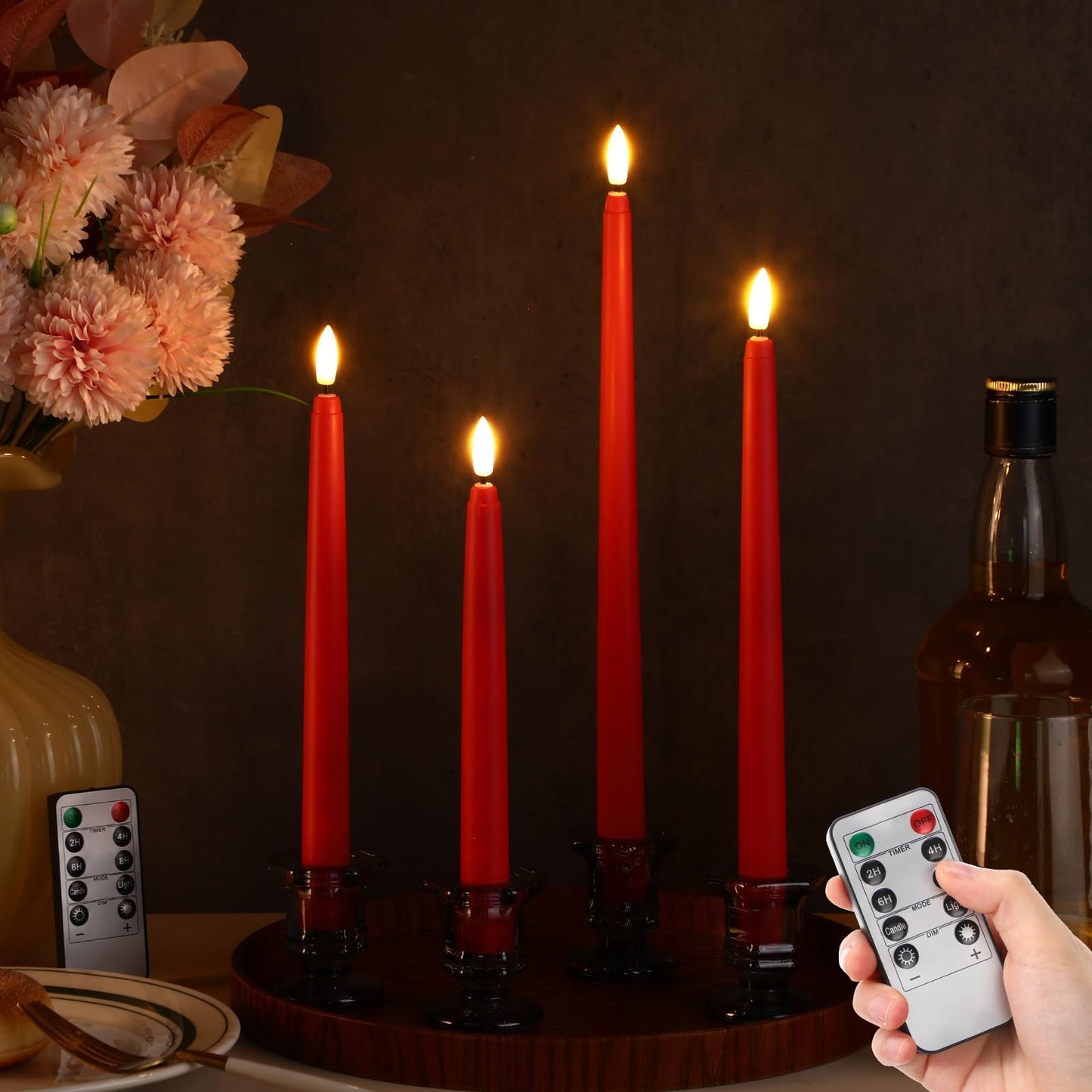 Rossesay 28 Pcs Flameless Taper Candles with Timer Remote 4 Sizes of 8.5", 9.6", 10.83", 12.8" LED Flickering Taper Candles Battery Operated for Valentine's Day Church Wedding Home Decor(Red)