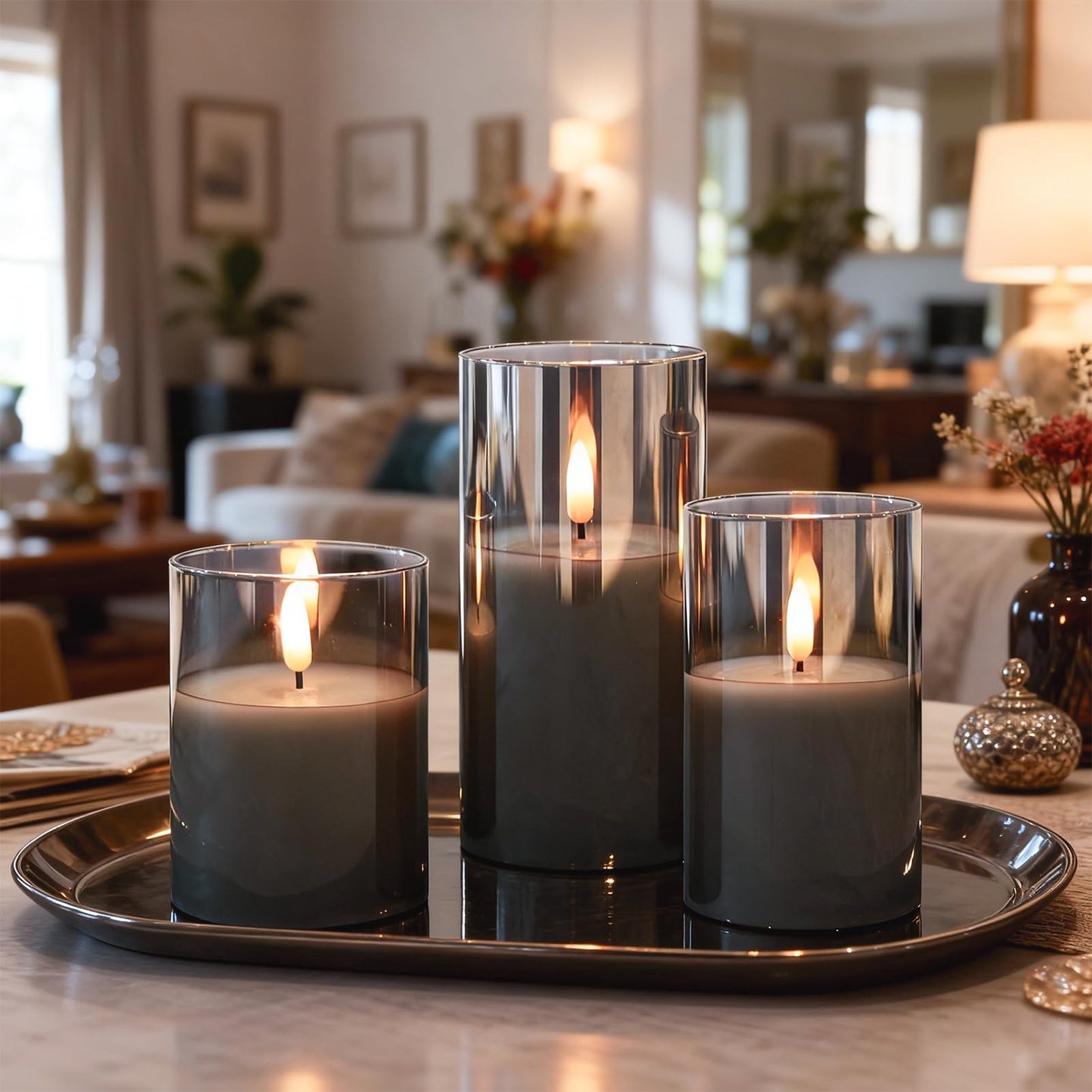 GenSwin Glass Flameless Candles with Remote Battery Operated Flickering LED Pillar Candles Real Wax 3D Wick for Wedding Festival Home Decoration(Gray,Pack of 3)