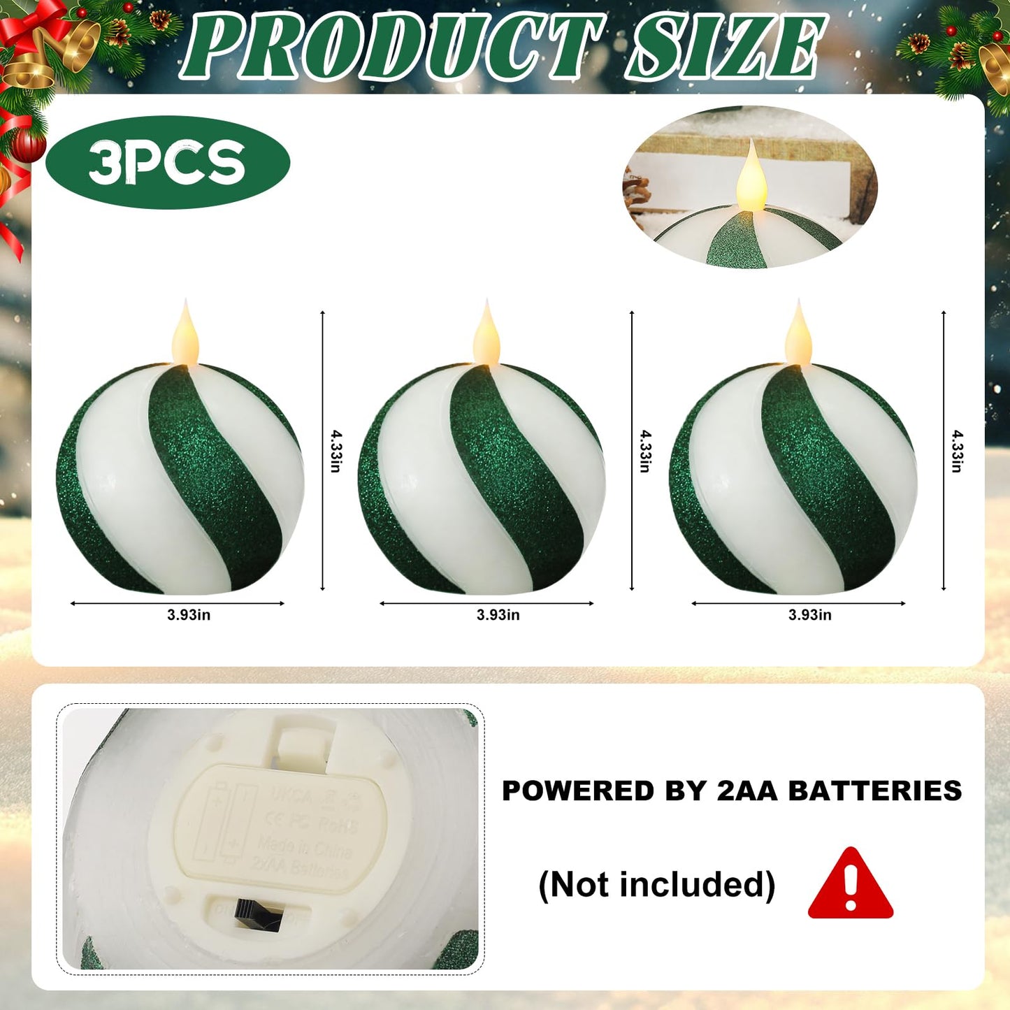 Set of 3 Christmas Sphere Candy-Cane Flameless Candles, Green&White Real Wax Flickering Ball Candles Battery Operated with Remote, Candy Cane Christmas Decorations,Xmas Party Tables Centerpieces Decor