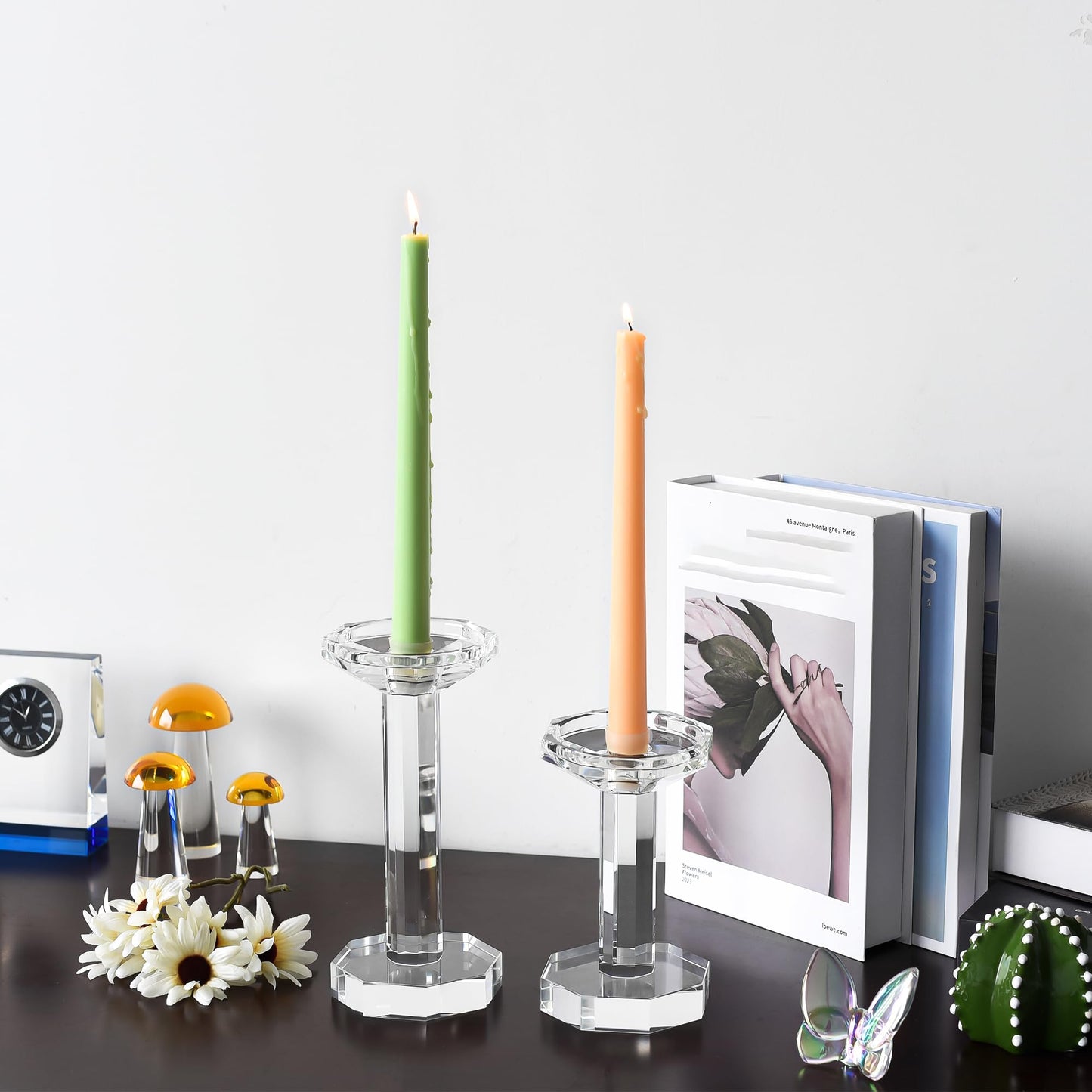 DONOUCLS Crystal Candlestick Holders Set of 2, Clear Crystal Taper or Pillar Candles Holders, Table Centerpieces for Party and Wedding Decoration(6''/8'' Tall)