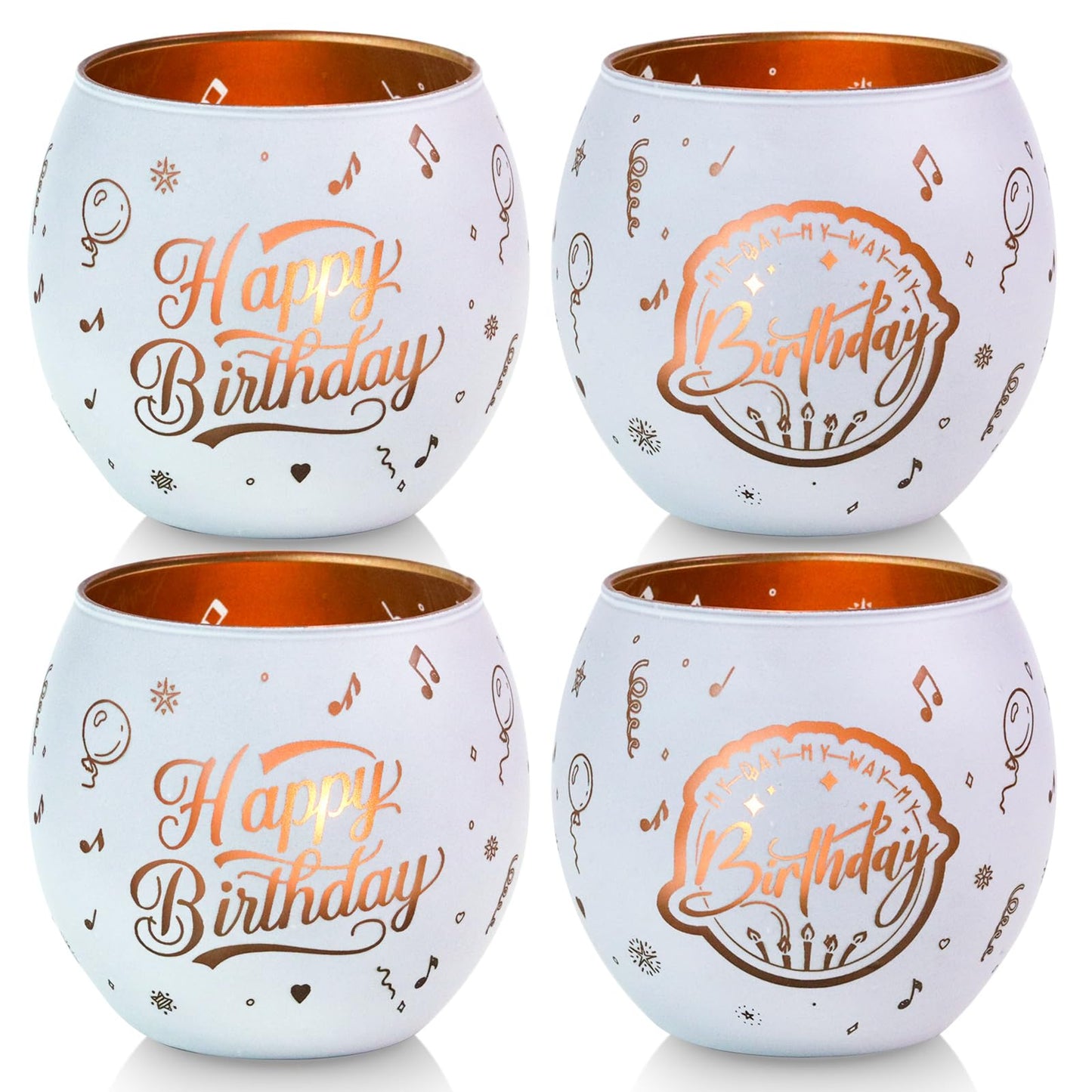 Happy Birthday Decorations White Glass Tealight Votive Candle Holders Set of 4, Birthday Gift Decor with Balloon Carvings, Birthday Party Centerpieces Table