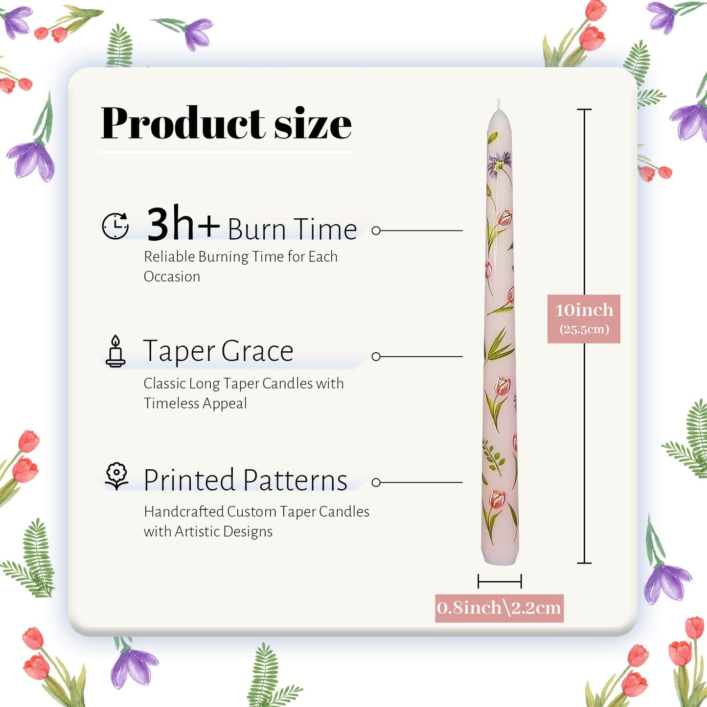 Taper Candles 10 Inch Print Candle Handmade Unscented Tulip Long Candles 2 Pack Twisted Candlesticks for Wedding Home Decoration Gifts