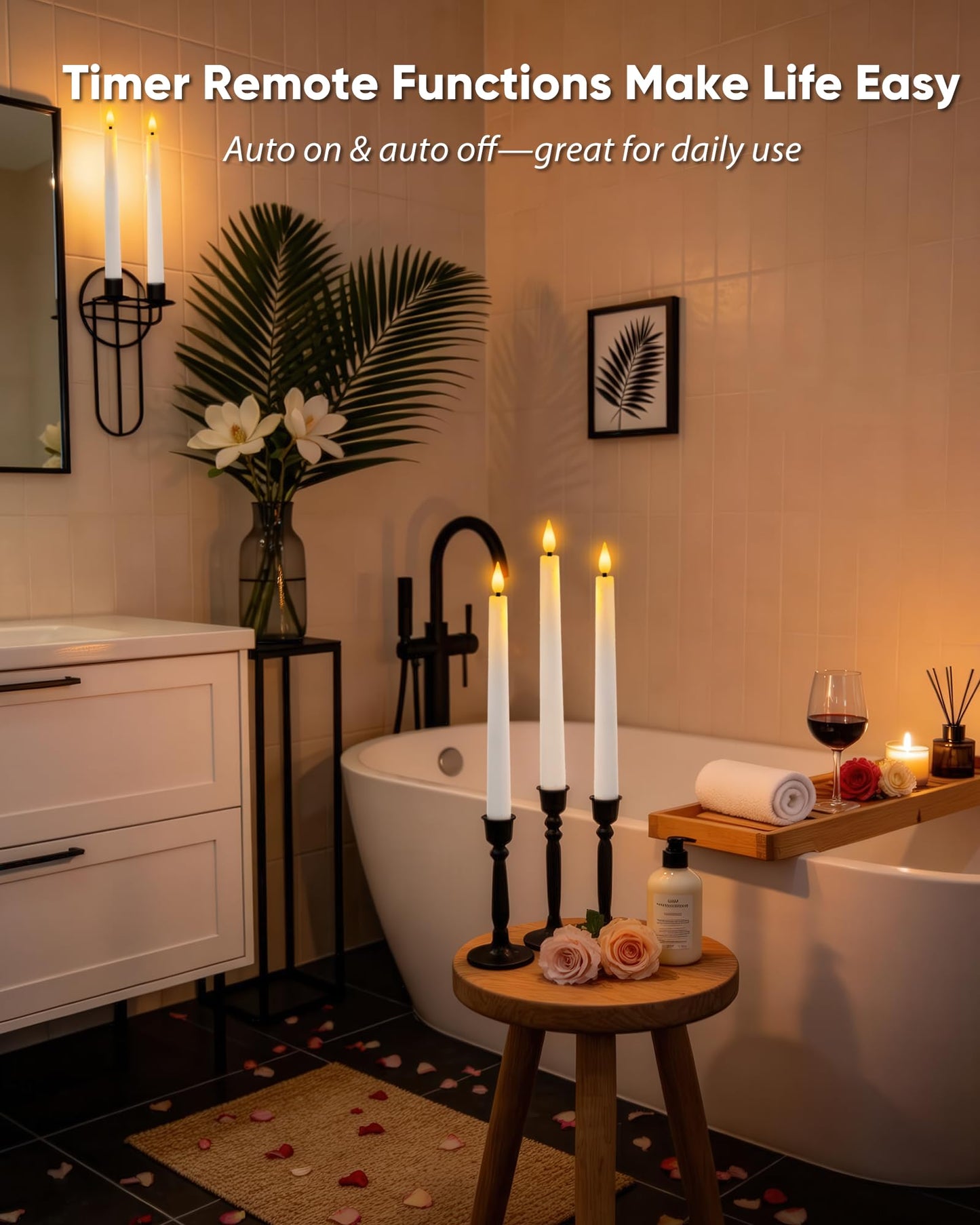 Homemory 3 Pcs Waxy Flameless Taper Candles with Remote, Led Flameless Candlesticks Classic Tall Candles, Flickering Battery Operated Taper Candles for Bedroom, Dining Room, White, 9.6 inches