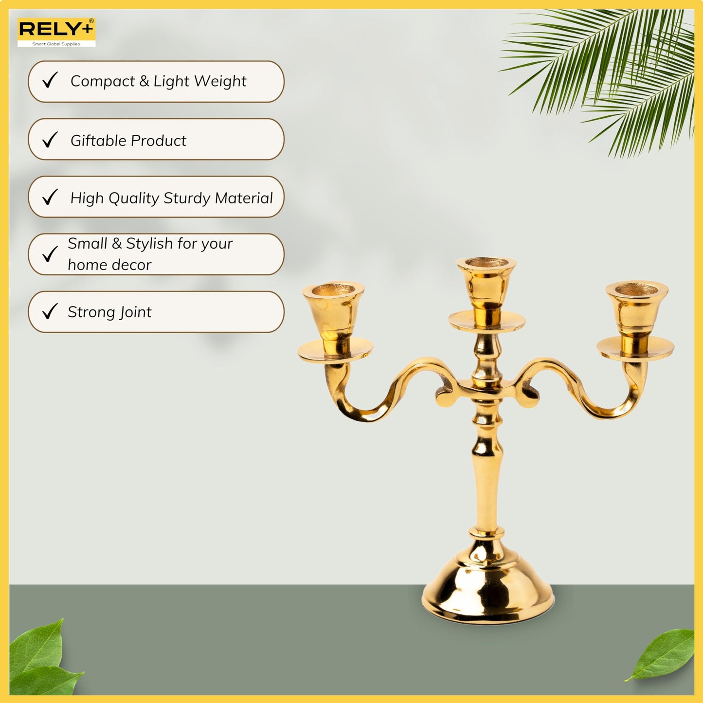 Rely+ 3 Arm Baby Candelabra Gold Glossy 8 Inch Taper Candle Holders Gothic Decorations Candlesticks Holder Home Decor Wedding Parties Centerpiece for Dining Table