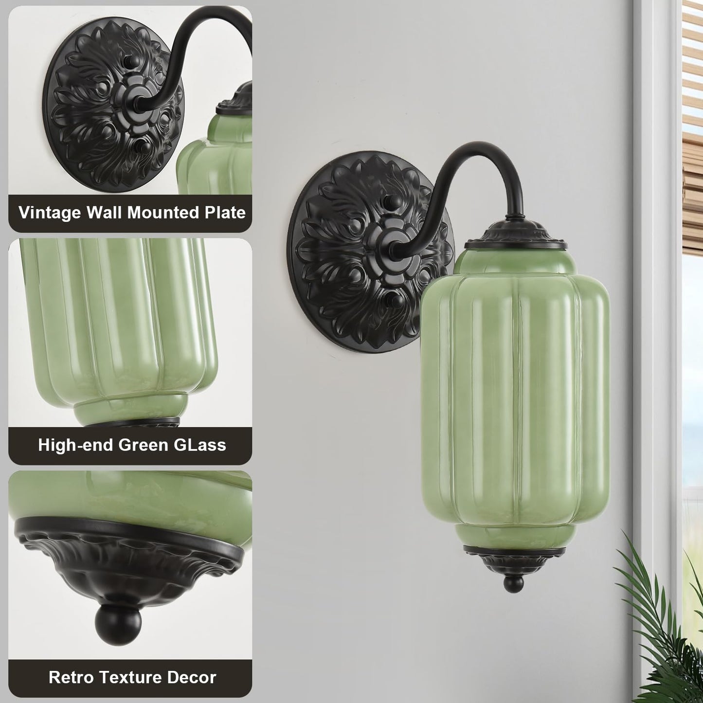Pandaluna Vintage Wall Sconce, Green Milk Glass Light Fixture, 5.5In Art Deco Antique Wall Sconce for Bedroom Bathroom Living Room Hallway Entryway, E12 LED Bulb Included, Black & Green 2 Pack