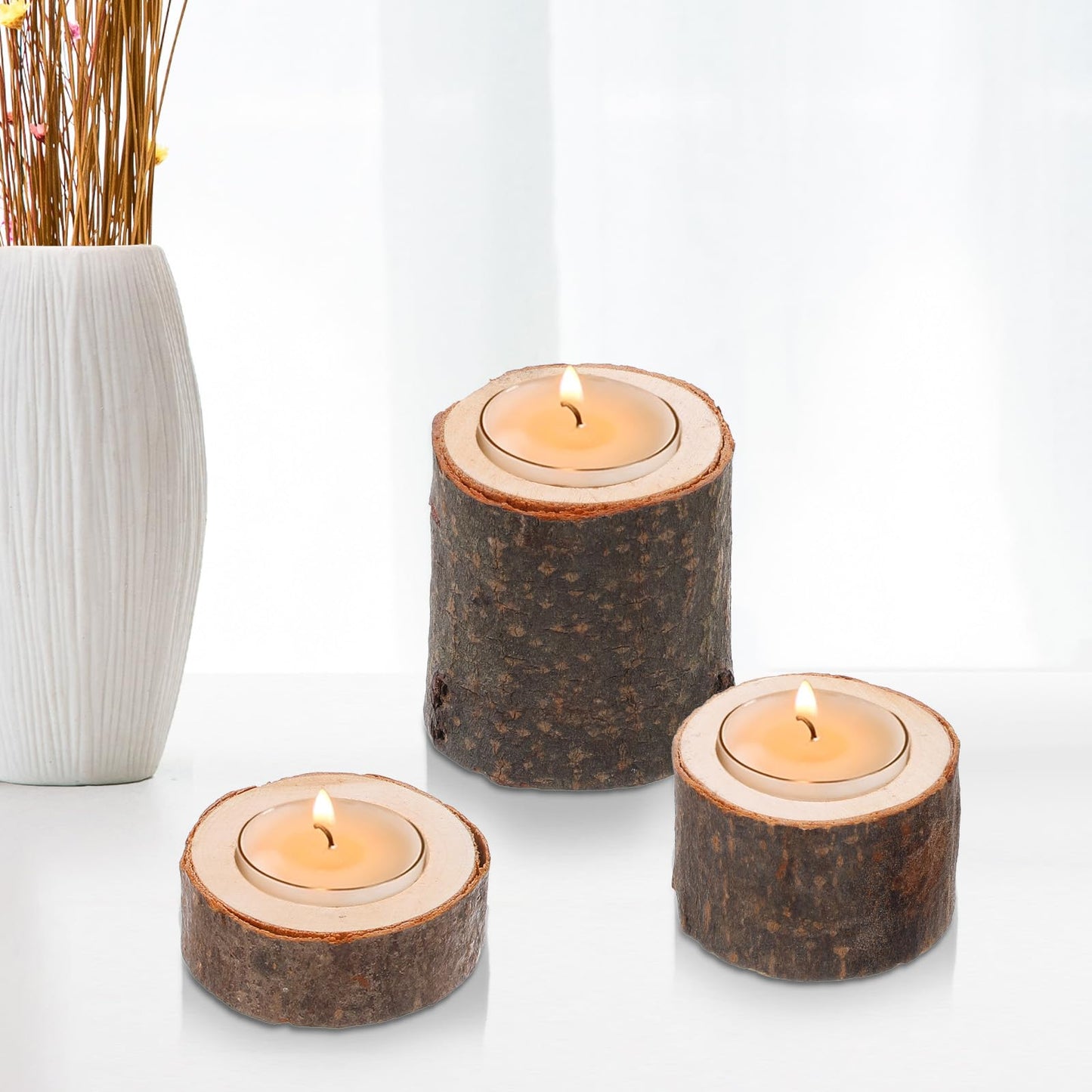 24PCS Wooden Tealight Candle Holder Set, Rustic Wood Tealight Holder with Natural Bark for Wedding Party Home Decor, 3 Sizes (1.6"/ 4cm Inner Diameter)
