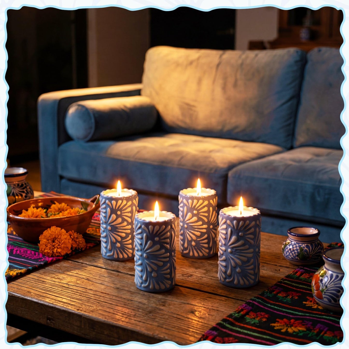 Lounsweer 4 Set Cielito Lindo Party Decorations Mexican Tequila Candle Talavera Mugs Candle for Fiesta Cinco De Mayo Birthday Bridal Shower Bachelorette May 5th Party Home Decor(Blue)