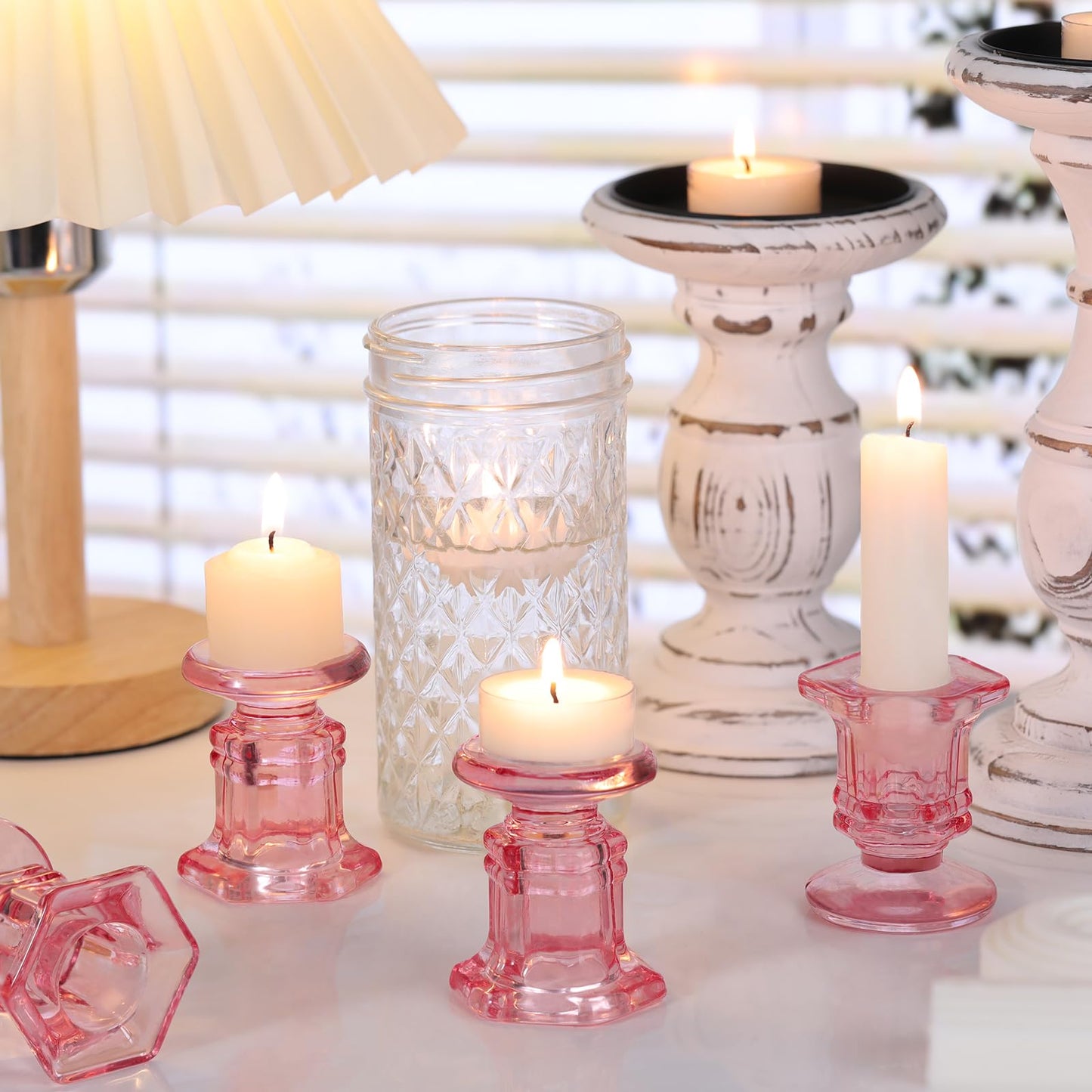 Lanttu 12 Pcs Pink Candlestick Holders Bulk, Glass Candle Holders Set, Crystal Taper Candle Holder for Wedding, Table Centerpiece, Home Decoration
