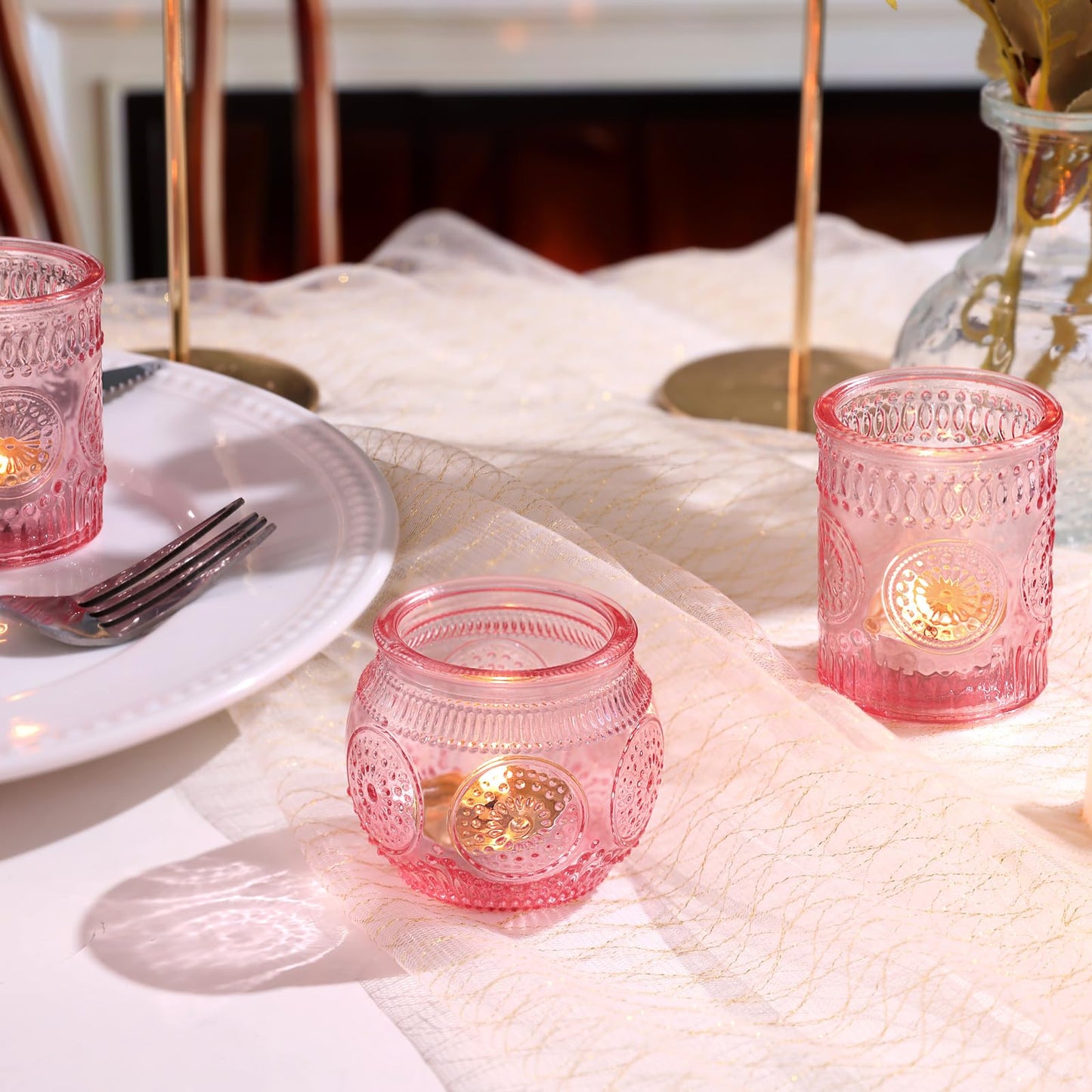 DARJEN 24Pcs Pink Votive Candle Holders- Glass Candle Holders Bulk for Flameless LED Tea Waxes, Romantic Candle Holder for Wedding Decor, Various Parties & Dinner Table