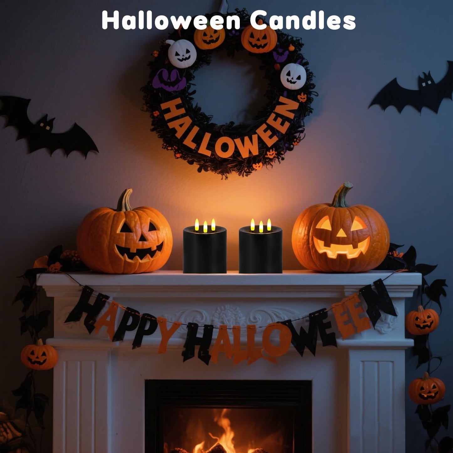 Large 3 Wick Flameless Candles, 4"x4" Flickering LED Candles with Remote & Timer, Dimmable Real Wax Electric Pillar Candles Battery Operated, Black Candles Light for Home Halloween Decor (Black)