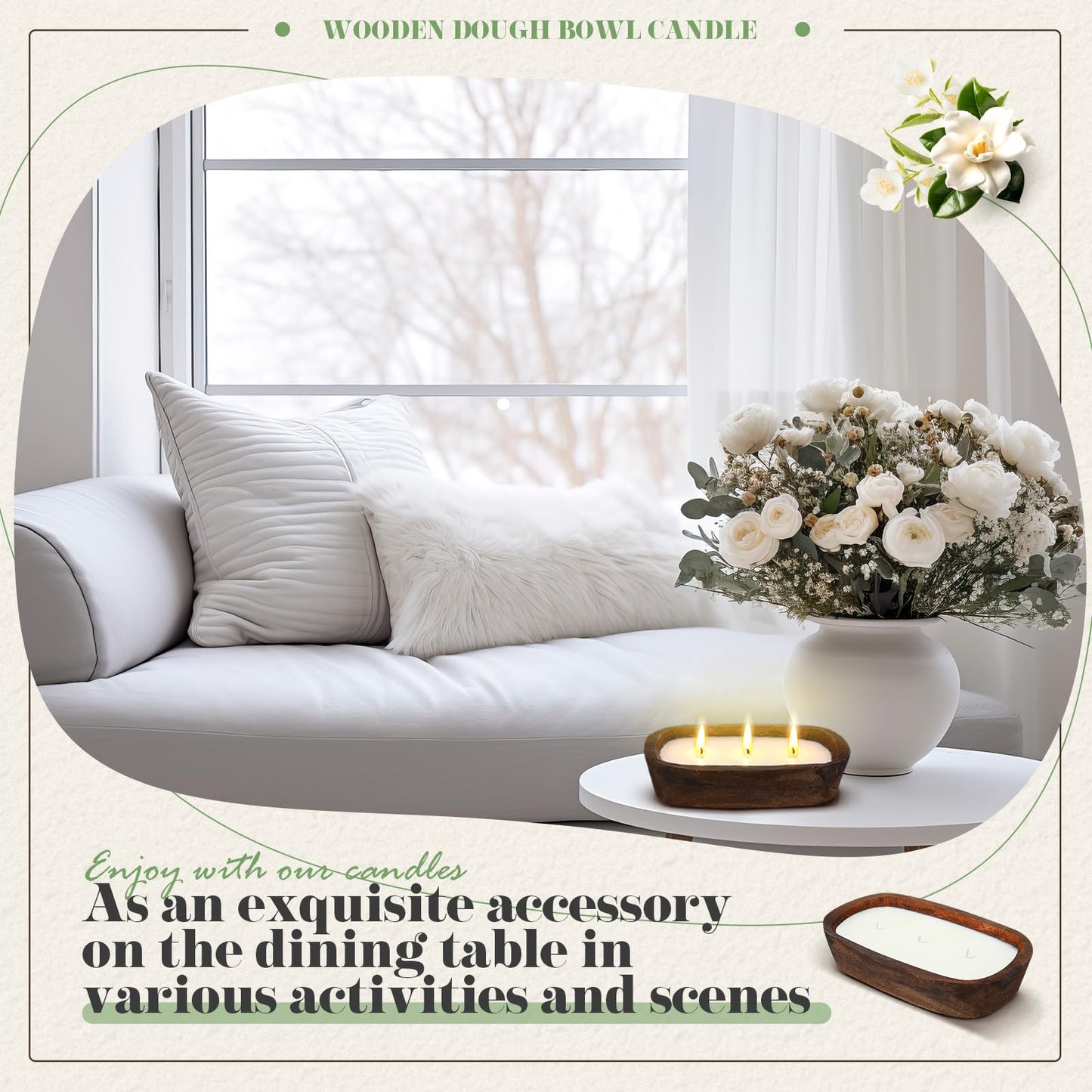 Threlaco 1 Pack 10 Inch Wood Dough Bowl Candles Home Rustic Dough Bowl Soy Candle 3 Wick Scented Candles Gifts for Men Women Farmhouse Table Centerpiece Home Decor for Christmas(Jasmine Gardenia)