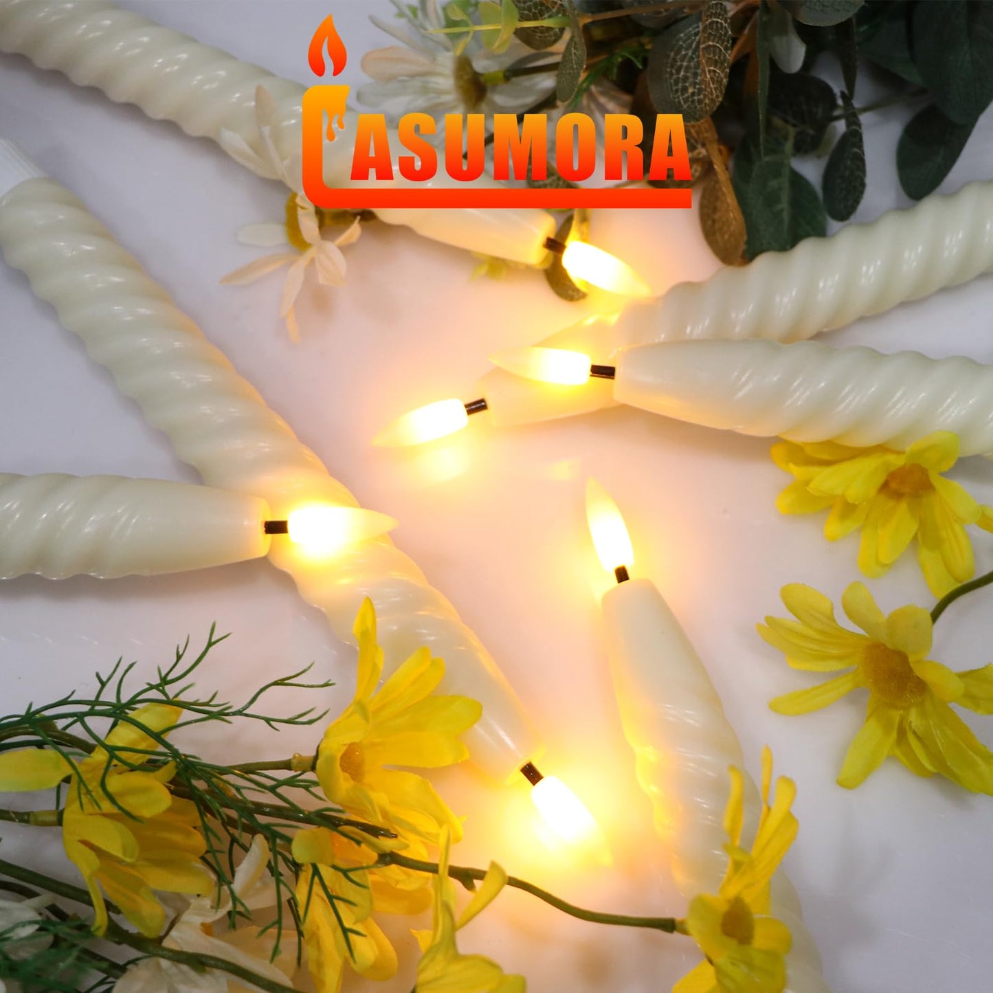 Lasumora Flameless Taper Candles Real Wax Flickering with Remote Timer, Pastel Ivory 3D Wick LED Spiral Candles Battery Operated 6 Pack 9.8 inch, Wedding Birthday Home Party Holiday Dinner Decor