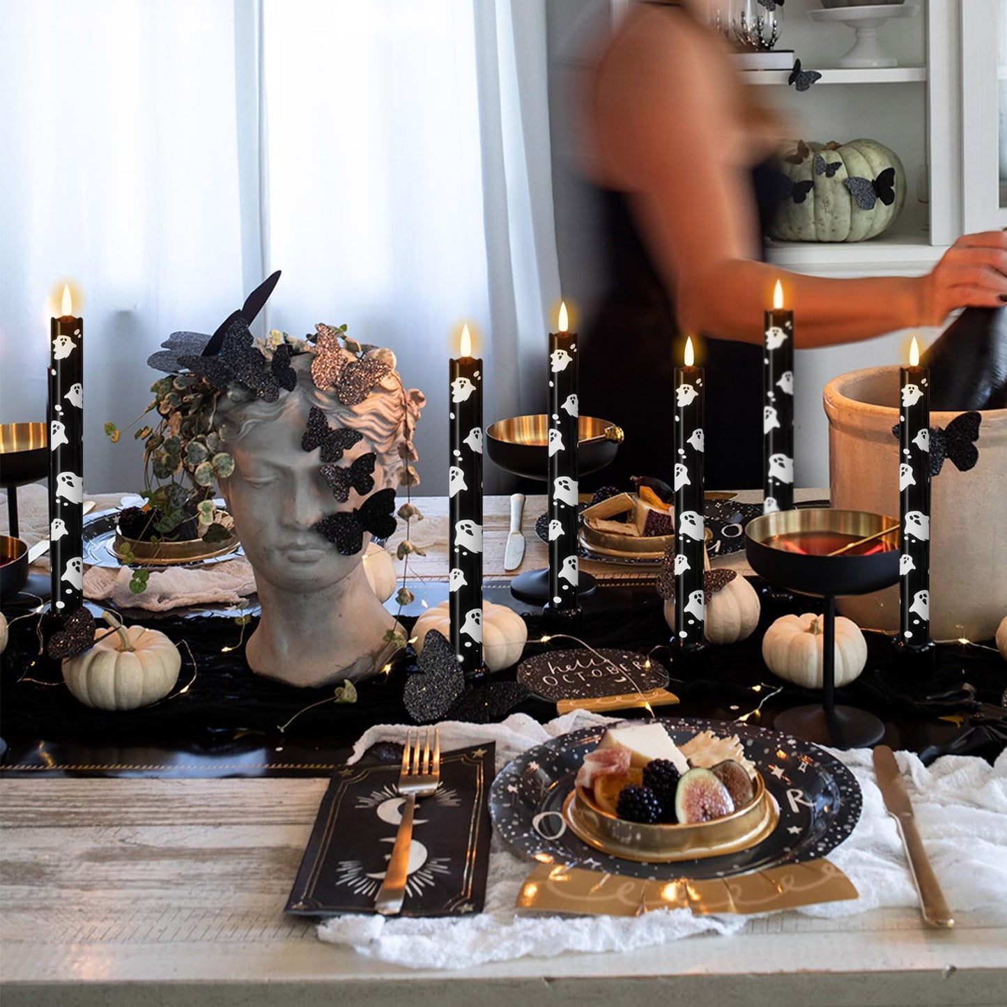 Wondise Black Halloween Flameless Taper Candles with Remote & Timer, Halloween Battery Operated Ghost Candles Waxy with 3D Wick Flickering for Halloween Decorations