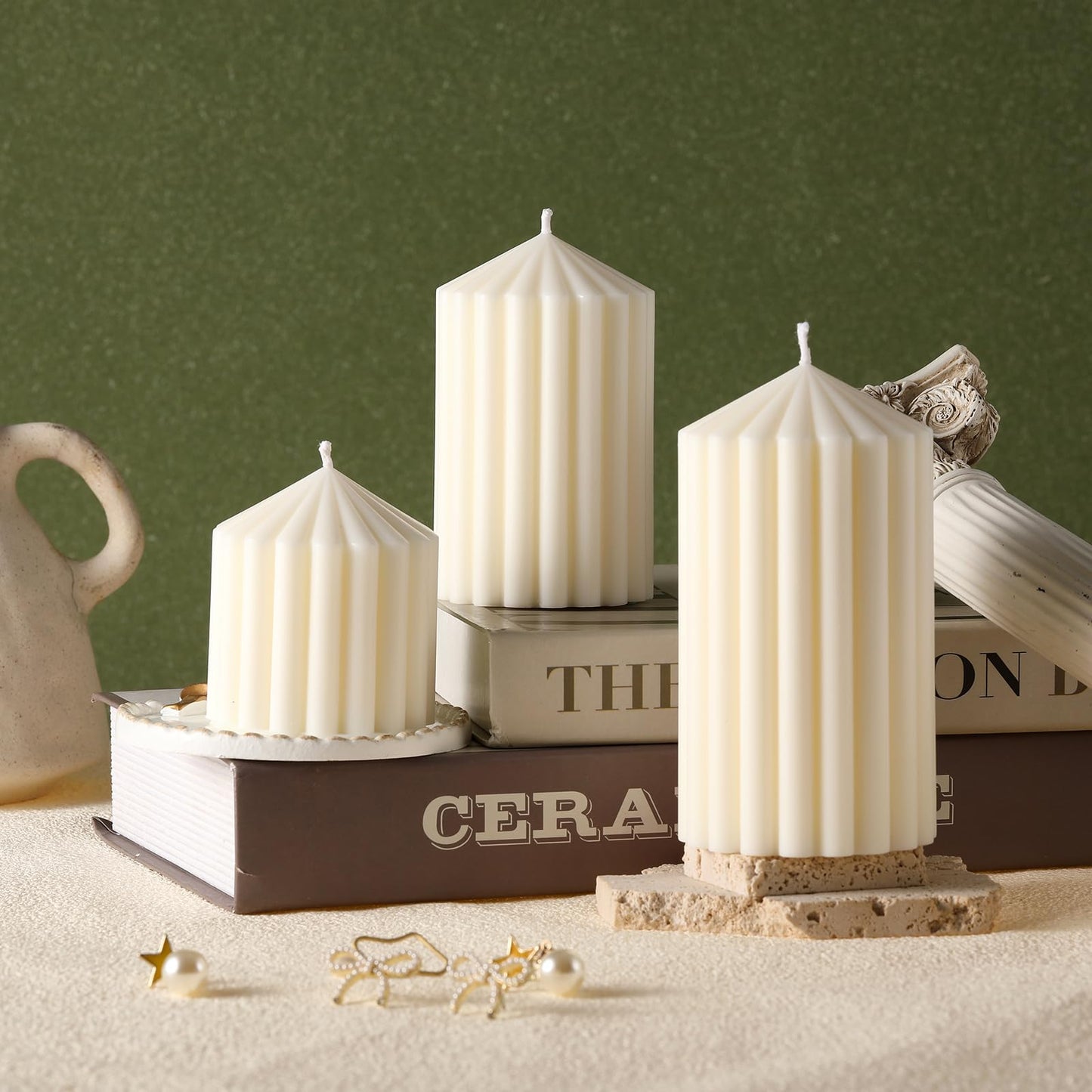 Conelist Set of 3 White Ribbed Pillar Candles Soy Wax Scented Ribbed Candles Includes 2.8, 4.2 and 5.1 Inches Heights Decorative Romantic Wedding Decoration for Couple Home Birthday Gift