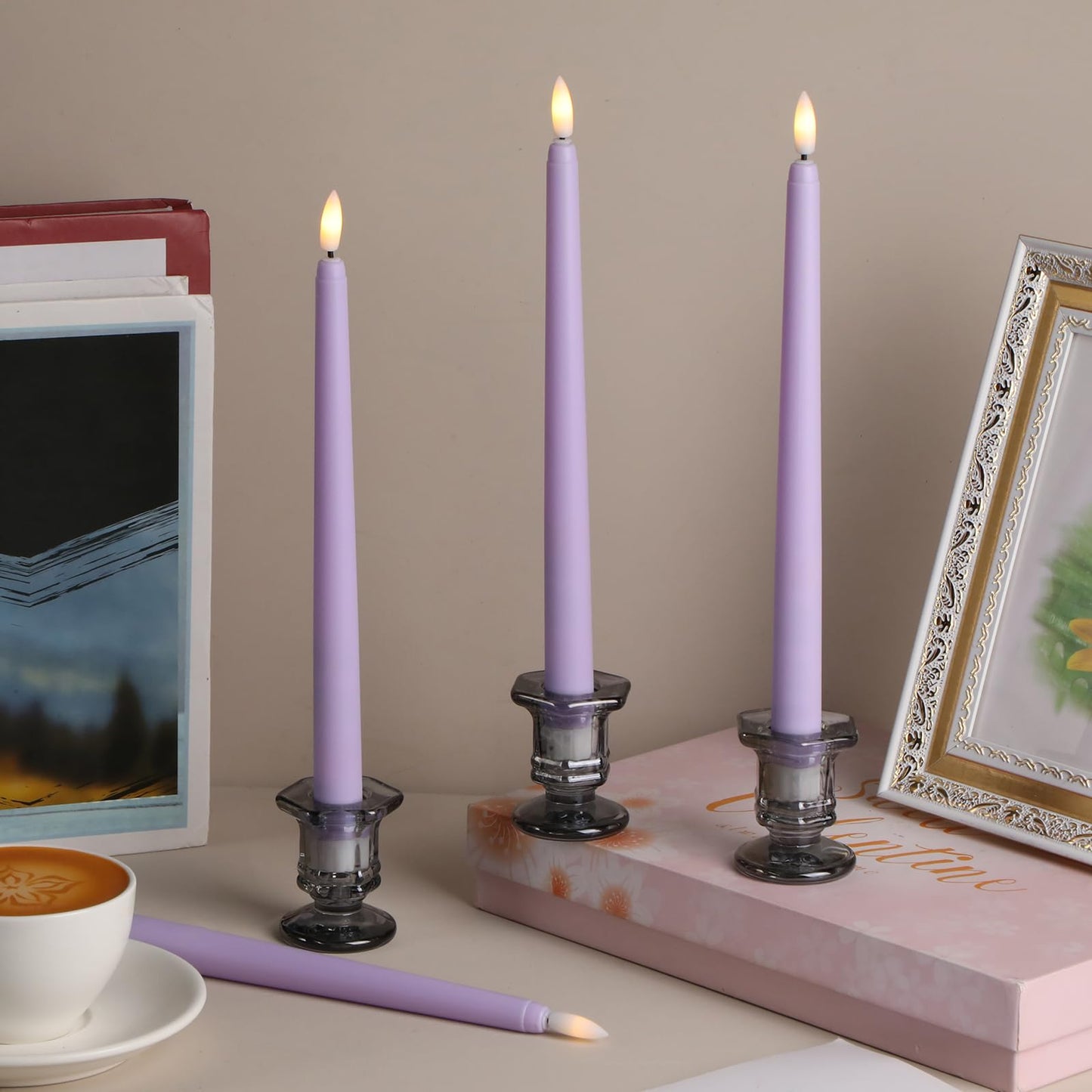 Macarrie 24 Packs Flameless Taper Candles Battery Operated Fake 11 Inch Long Candlelight LED Flameless Candlesticks Flickering Tapered for Spring Summer Wedding(Lavender Purple)