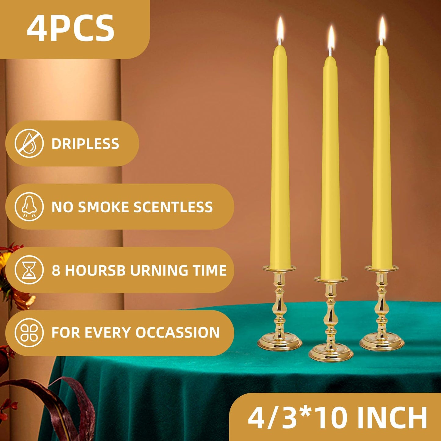 LYOBATH 4 Pack Yellow Taper Candles - Taper Candles 10 Inch Dripless, Smokeless & Unscented - 8 Hours Long Burning - Ideal for Weddings, Dinner Parties, and Home Decor