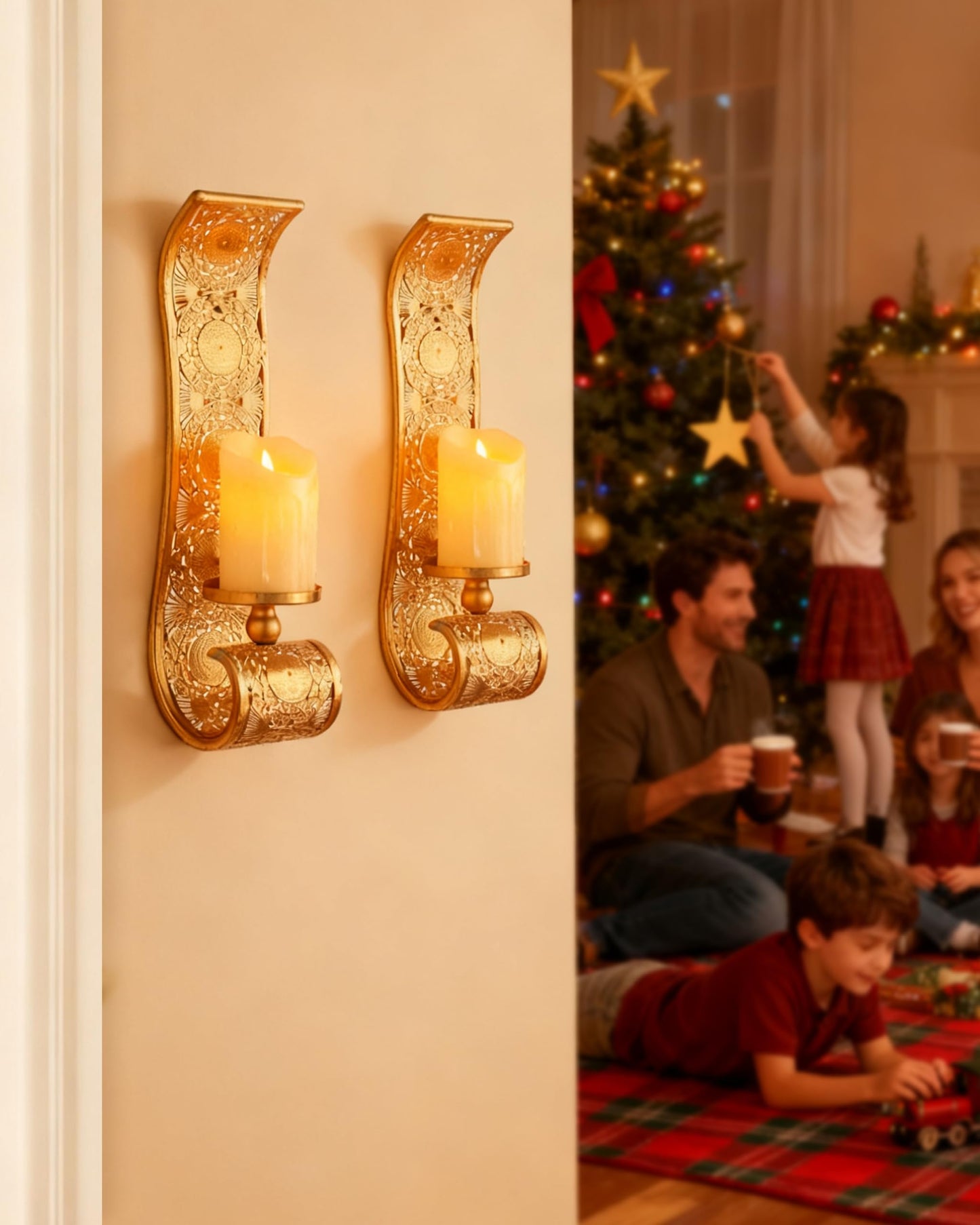 Capesaro Wall Candle Sconce Set of 2,Gold Metal Wall Mount Candle Holder，Spanish Baroque Hollow Carving Wall-Mounting Sconces for Living Room, Bathroom, Dining Areas,Hallways Decorations
