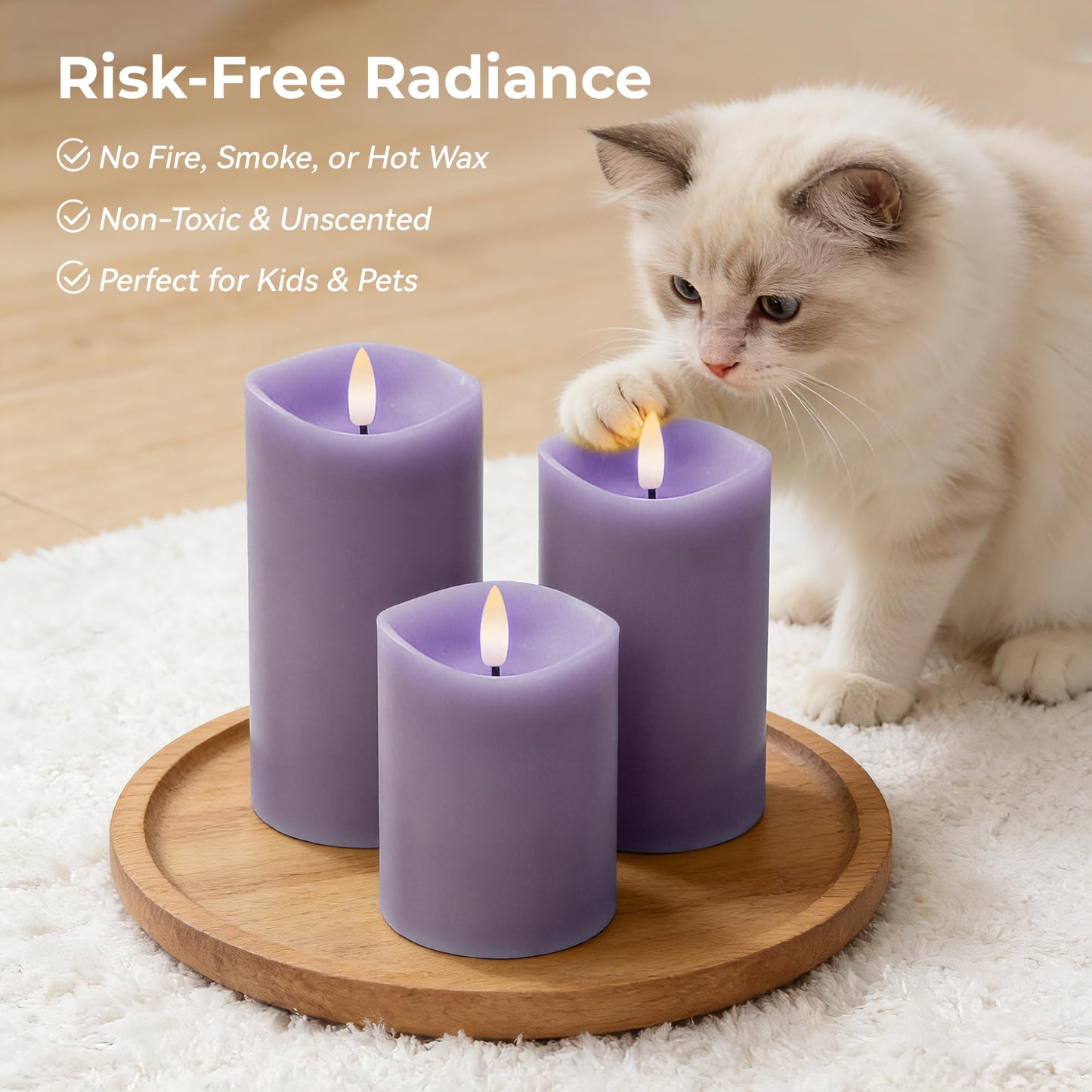 Velsyn Purple Flameless Candles with Remote and Timer, Real Wax Made LED Pillar Candles Battery Operated with 3D Flickering Flame Melted Edge, 3" x 4",5",6", Set of 3 (Pastel Purple)