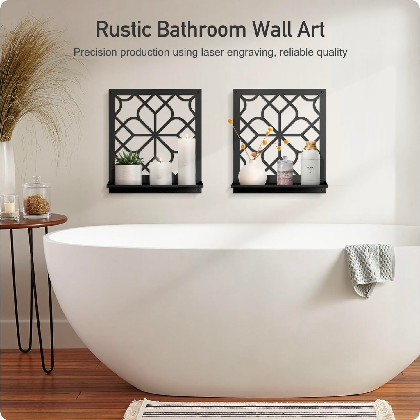 Black Metal Wall Candle Holder Set of 2, Square Rustic Farmhouse Bathroom Wall Decor, Modern Boho Aesthetics Line Art for Entryway, Hallway, Living Room, Bedroom (11.8 x 13 in)
