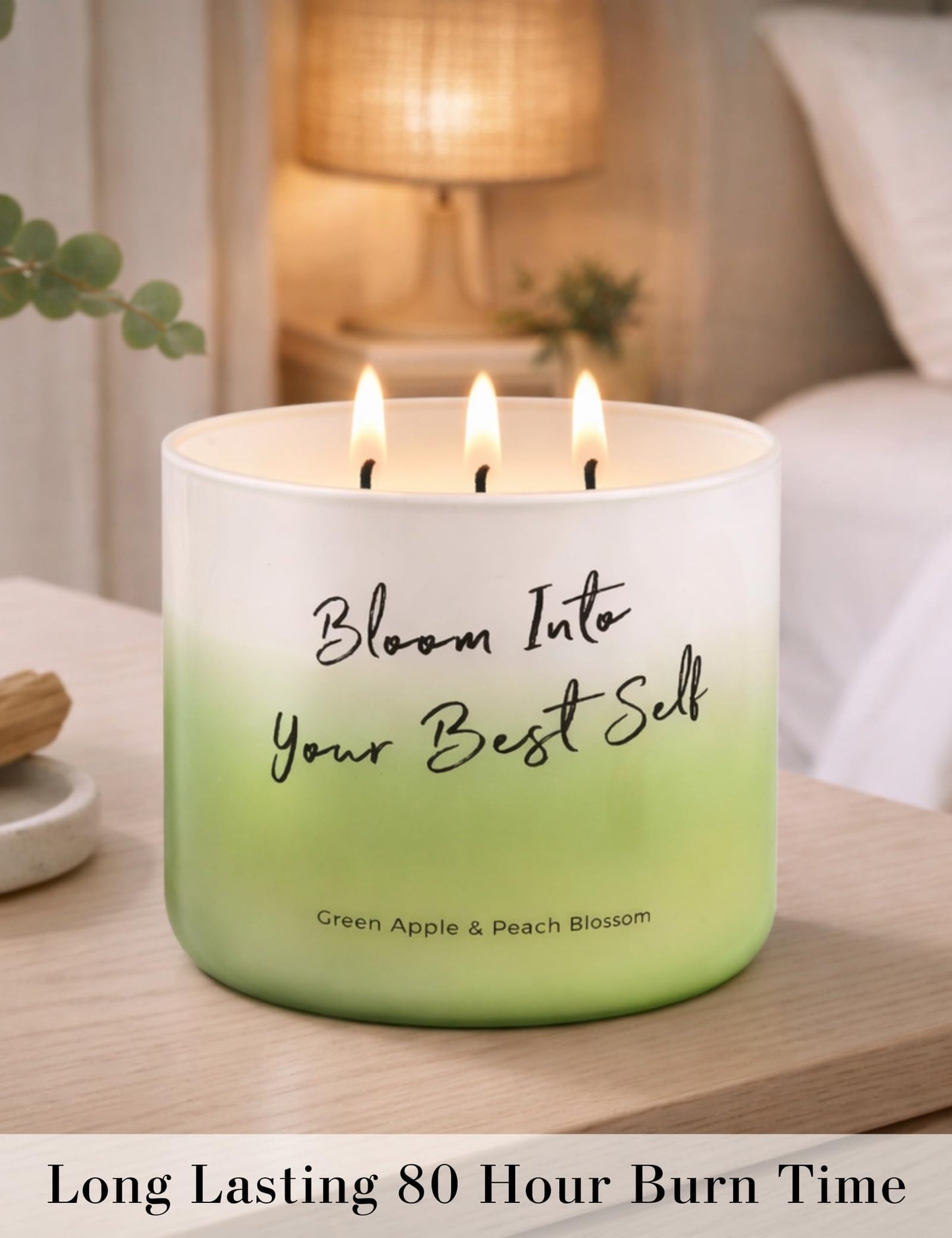 Green Apple Peach Blossom Scented Soy Candle - Large 3-Wick Aromatherapy Candle for Home, 15.8oz - Fresh Fruity Scent - “Bloom Into Your Best Self” Quote - Inspirational Home Decor Gift
