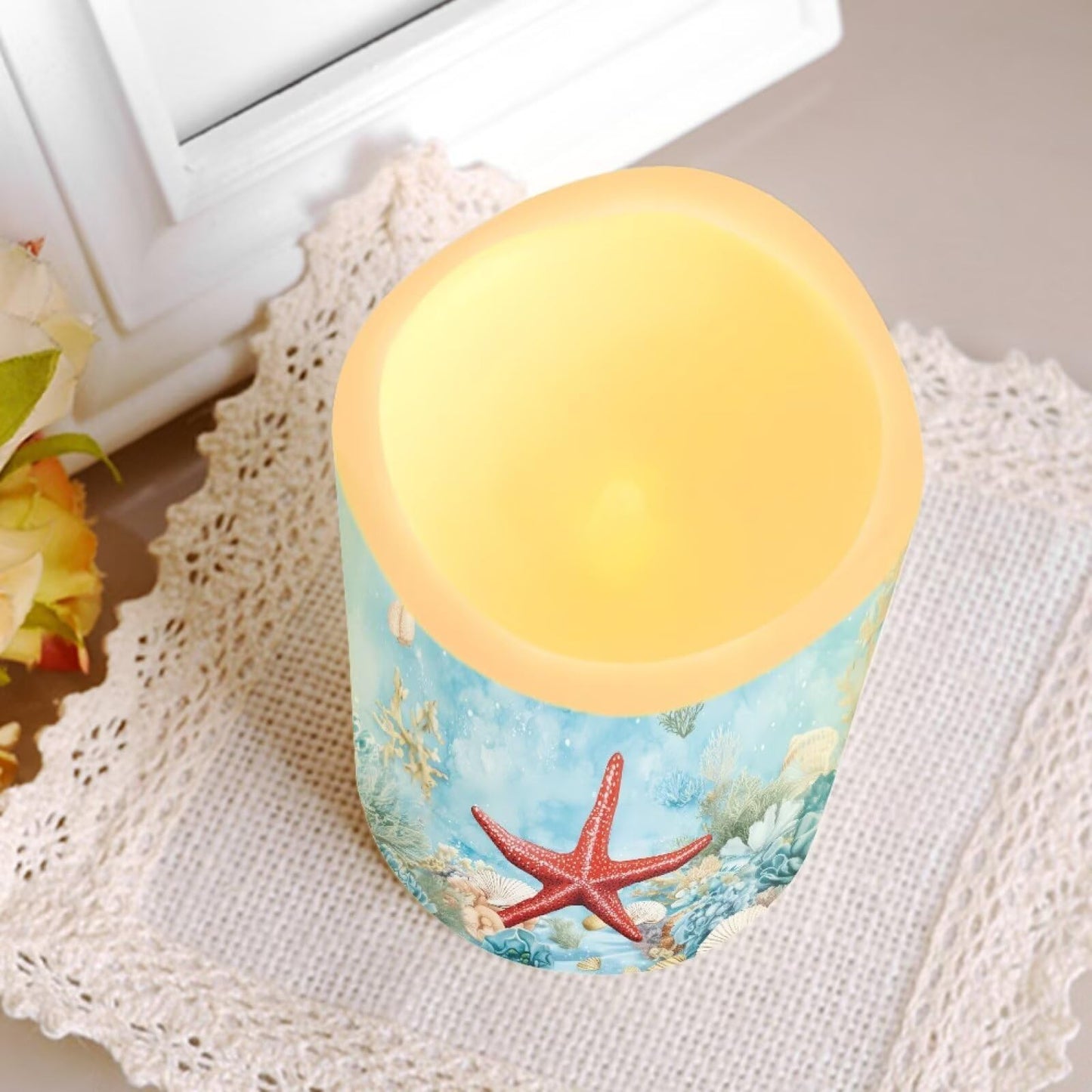 Cozeyat Starfish Sea Flameless Candles Set of 4 Battery Powered LED Pillar Candles with Remote Timer Flickering for Indoor Outdoor Table Beach Decor