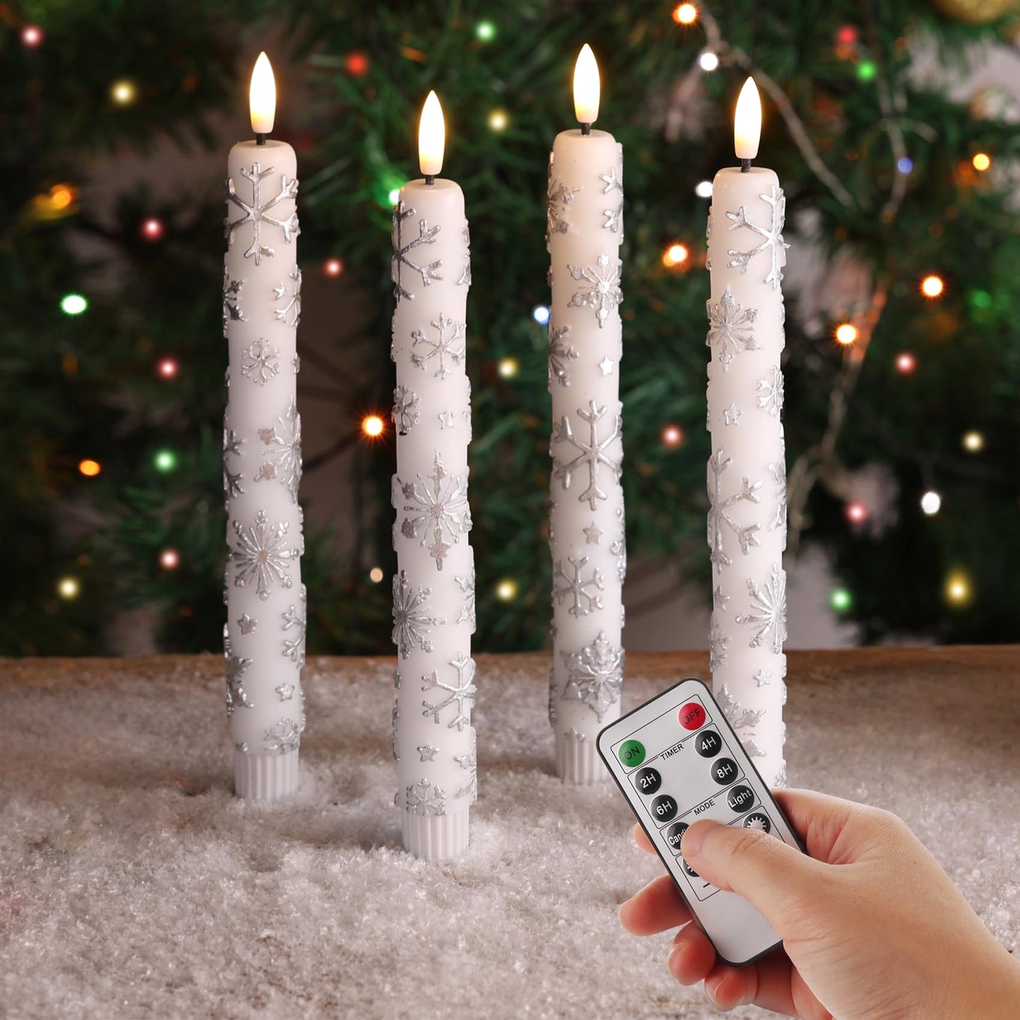 Eywamage White Snowflakes Christmas Flameless Taper Candles with Remote, Flickering LED Wax Candlesticks Set of 4