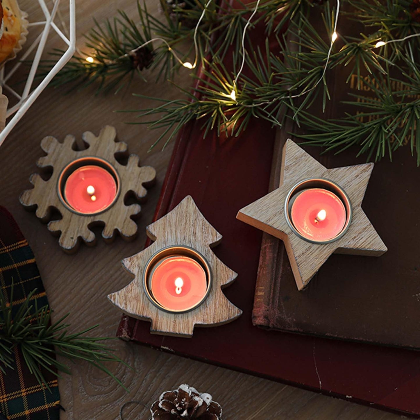Candlestick Holders Christmas Wooden Snowflake Candlestick Christmas Tree Candlestick Five Pointed Star Candlestick Window Desktop Decoration Scene Candle Holders (Color : B)