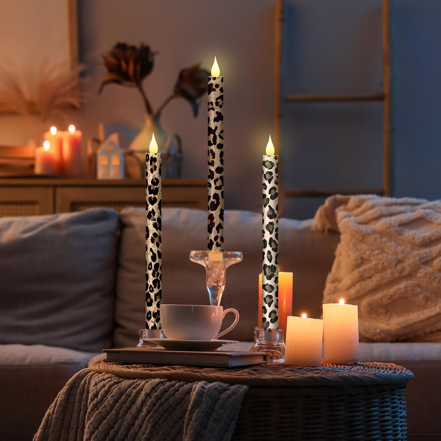 Honoson 6 Pcs Leopard Flameless Taper Candles 10.6 Inch Wild Safari Cheetah Print Candles Battery Operated LED Candlesticks for Animal Theme Jungle Birthday Party Summer Table Home Bathroom Decor