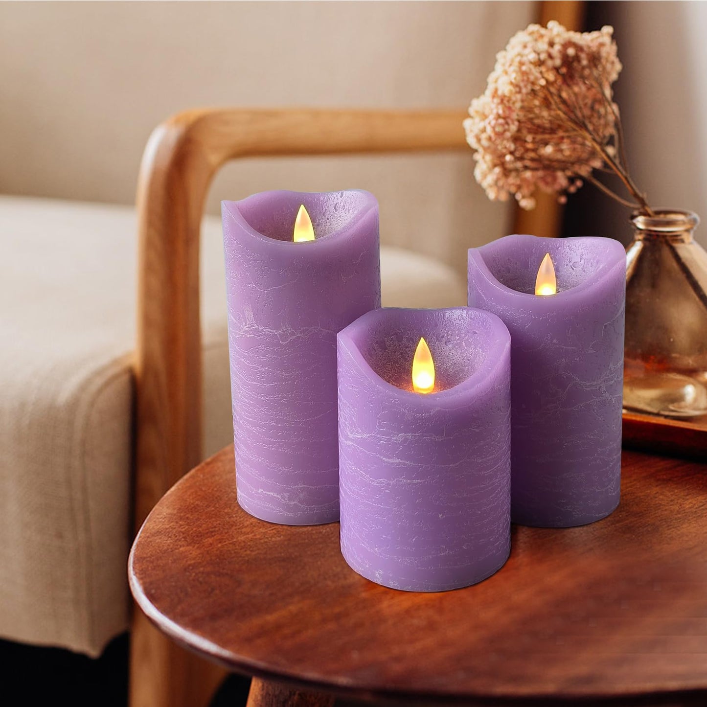 EZiKitchen Real Wax Flameless Candles Set of 3 (D 3" x H 4" 5" 6") Battery Operated LED Candle with Timer Home Decorative Pillar Flickering Lights,Wedding Party Events Decor,Purple