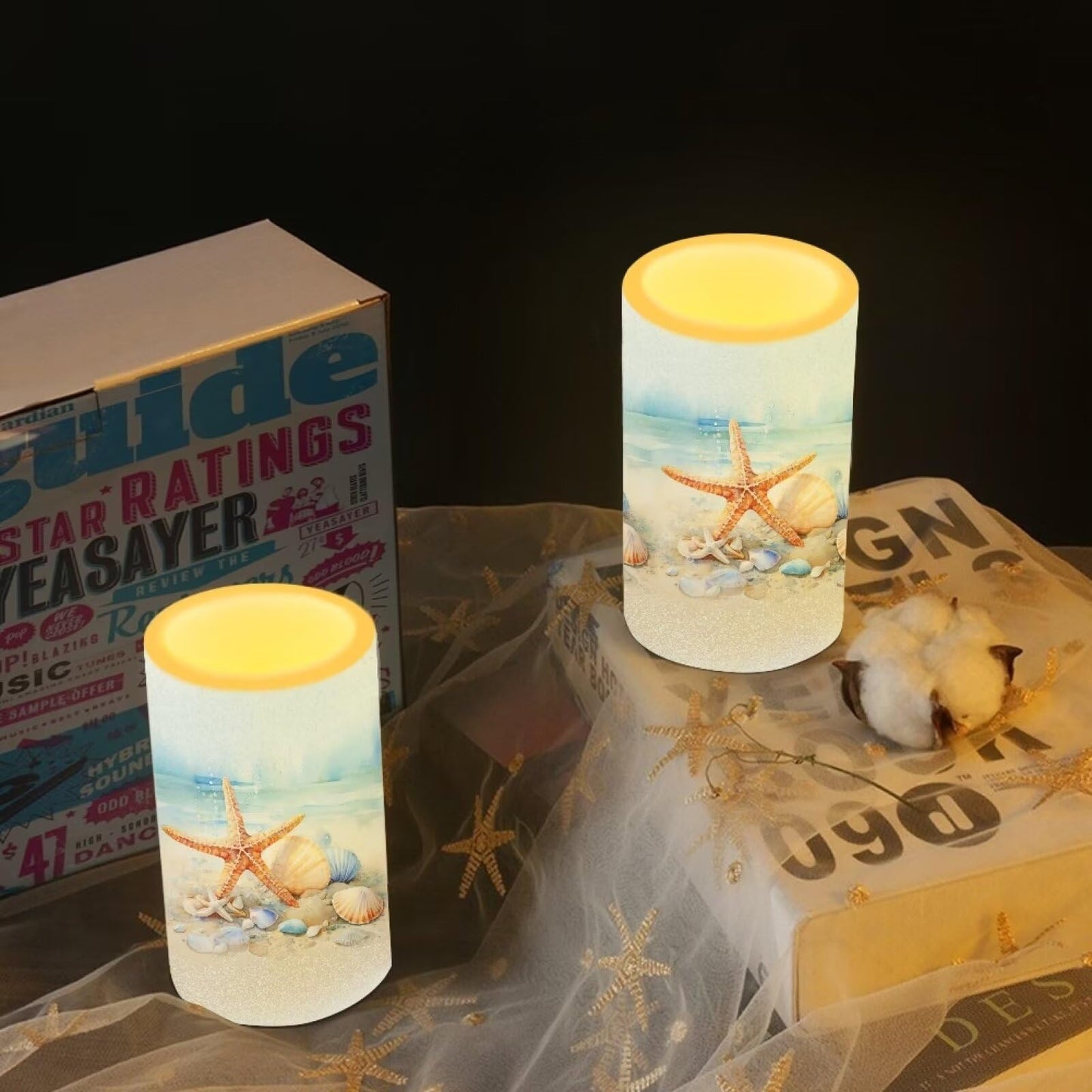 NETILGEN Flameless Candles LED Candles Electric Pillar Candles with Remote Timer Control Long Lasting for Indoor Outdoor Beach Themed Home Decoration Set of 2, Starfish Seashell Painting
