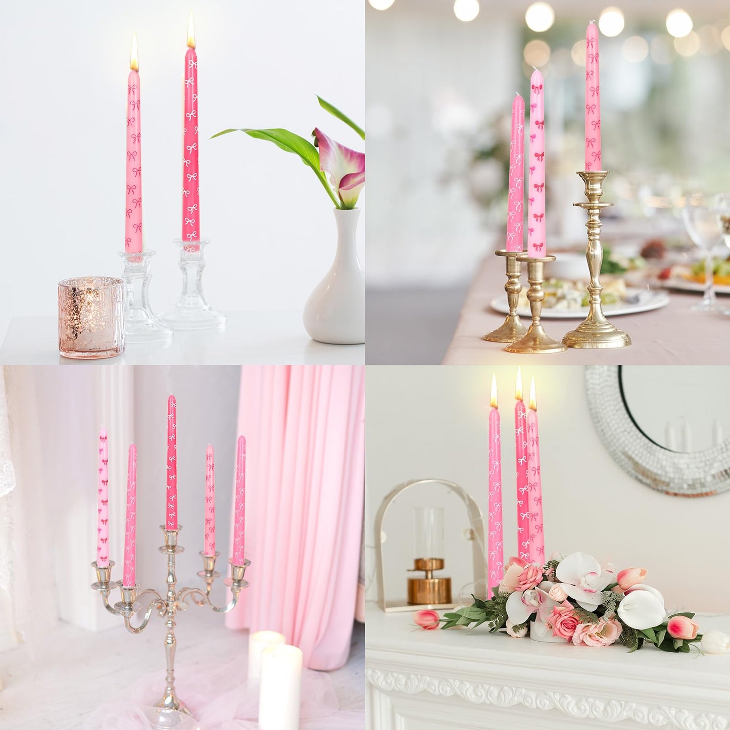 FYSUIMU 8 Pcs 10 Inch Mother's Day Pink Bow Taper Candles Gradient Pink Bowknot Wax Taper Candles Coquette Long Unscented Candle Sticks for Wedding Birthday Baby Shower Bachelorette Party Decor
