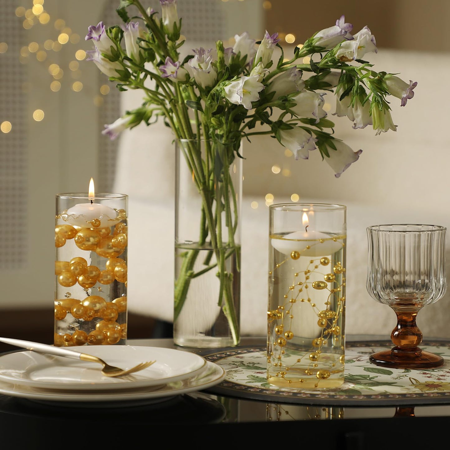 PNJHDZ Set of 3 Glass Cylinder Vases for Centerpieces with 2 Pack Vase Filler 3 Pearl String 6 White Floating Candles for Centerpieces, Table Center Pieces for Wedding Party Home Decor 5, 6, 8 Inch