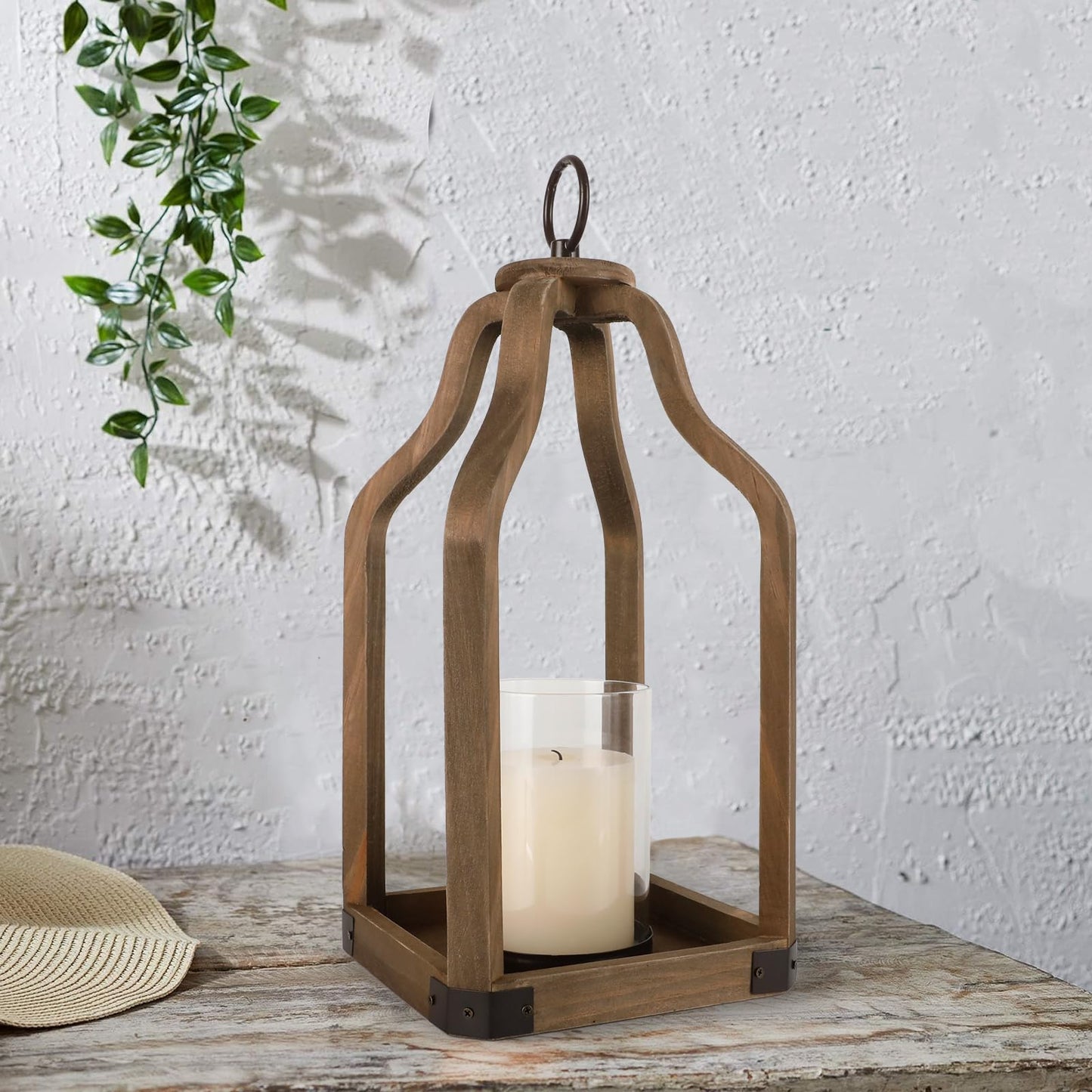 Rustic Wood Lantern Candle Holder for Farmhouse Decor - Indoor and Outdoor Table Centerpiece with Glass Hurricane, 15.7" High