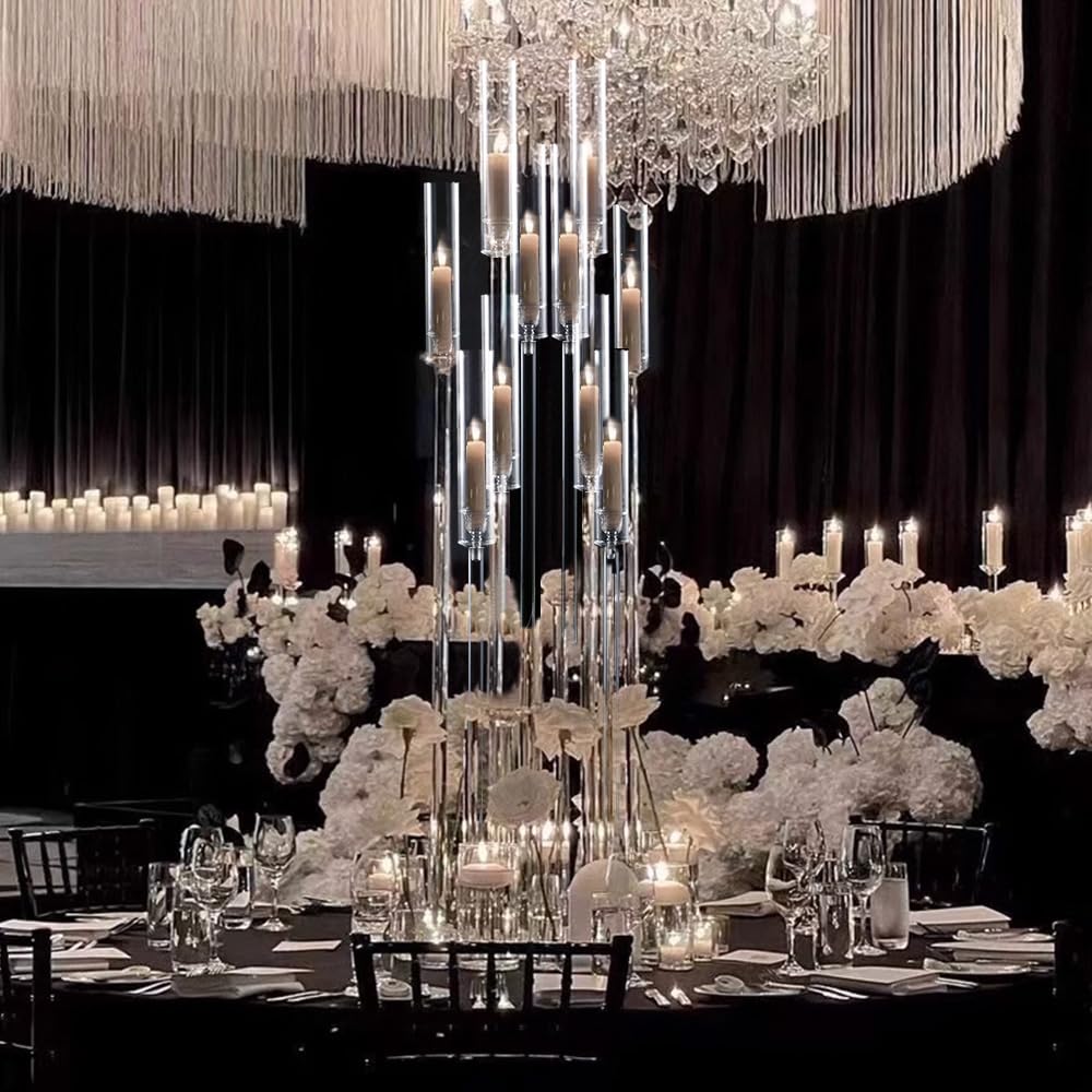 10Pcs Acrylic Candelabra Centerpiece,10 Arm Floor Candelabras for Wedding Clear Candle Centerpieces with Acrylic Shade Pillar Taper Candlestick for Tables Dinner Party