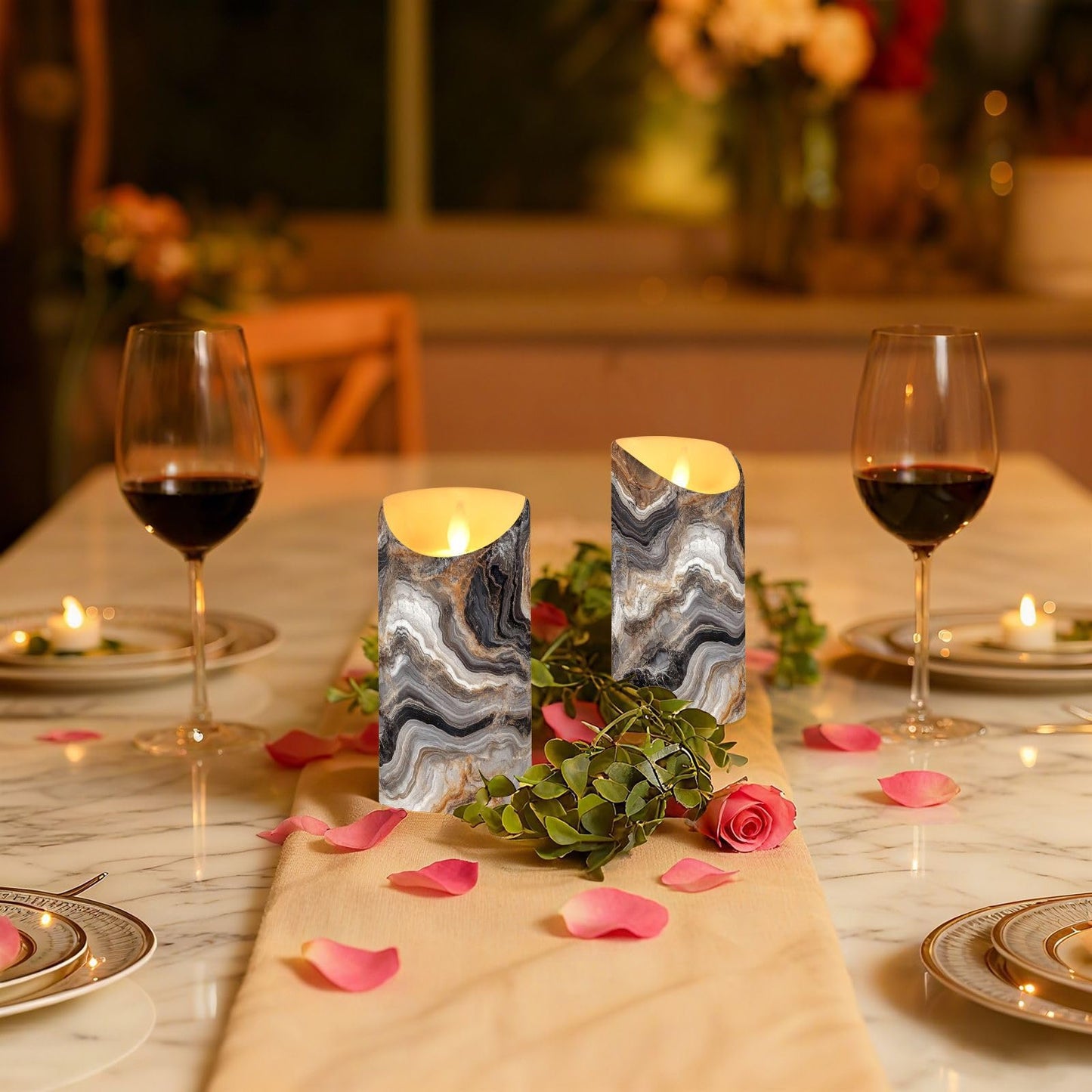ZRYSMY Abstract Brown Gray Marble Flameless LED Candles with Remote and Timer - 5.9”x3”, 2 Pack, Battery-Operated Flickering Pillar Candles for Home Decor Christmas