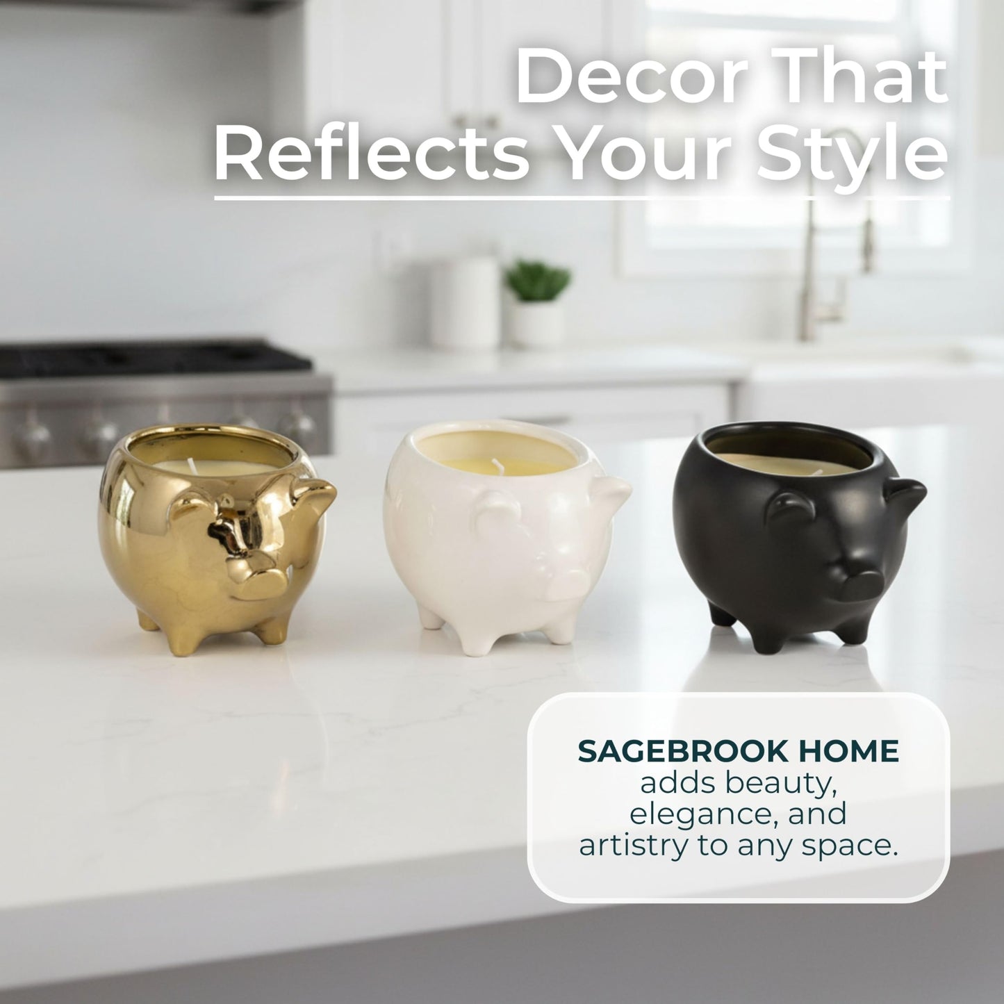 Ceramic Candle Set – Scented Candle for Relaxation and Soft Ambience, Living Room or Bedroom Decor Placement, Pig Animal Shaped Home Decor Design Accent – 4x6, Black, Gold & White Trio