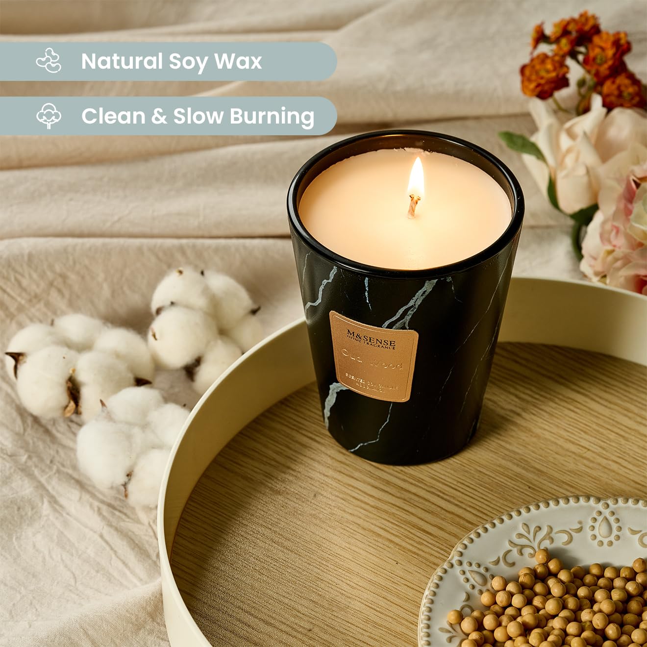 M&SENSE Oud Wood Scented Soy Candle, 3 Wick Highly Scented 14.1 Oz 75H, Aromatherapy Christmas Gift for Women and Men
