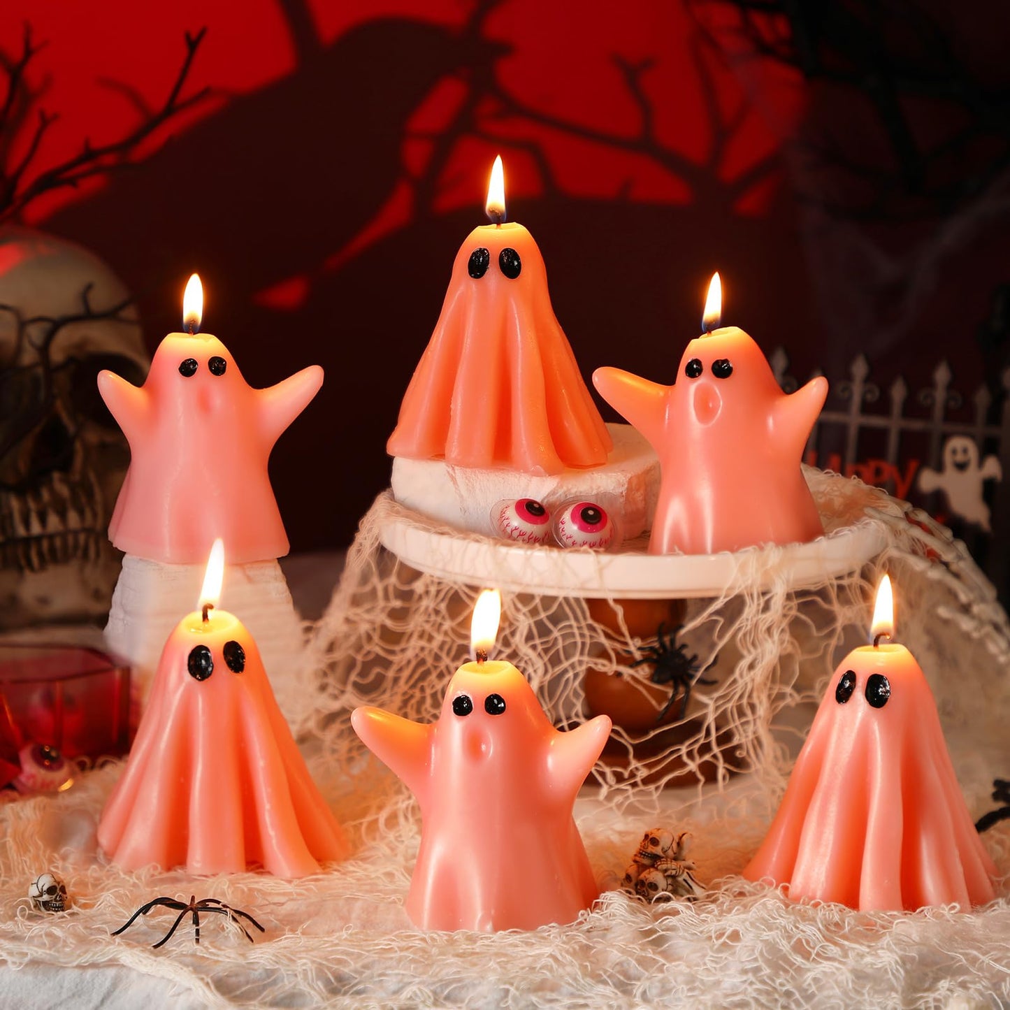 Conelist 6 Pieces Halloween Large Ghost Candles White Spooky Scented Halloween Candles Horror Gifts Candle Tea Lights Goth Room Decor for Summer Dining Table Party Bedroom(Pink Style,Pink)