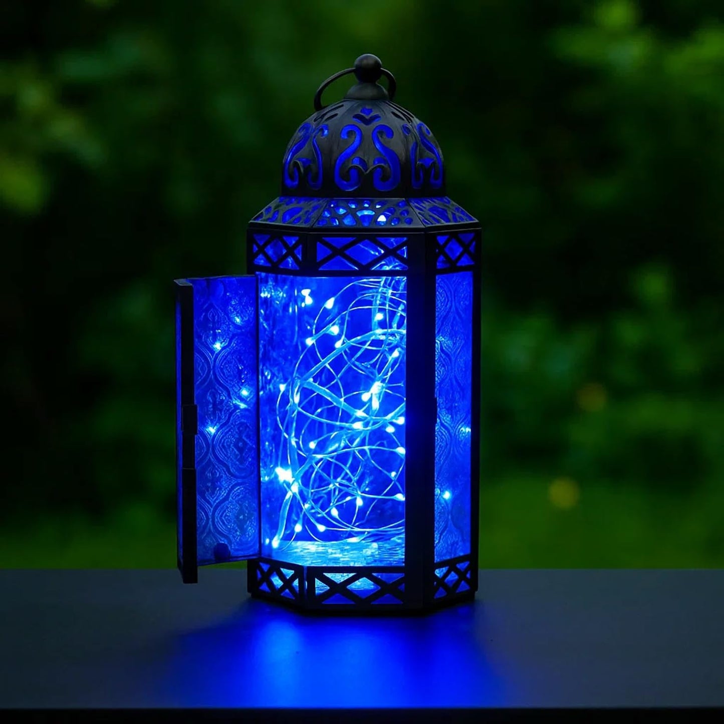 Vela Lanterns Decorative Indoor Moroccan Candle Holder & LED Fairy Lights -Twinkle Turkish Lamp, Fantasy Home Decor Table Centerpieces, Hanging Outdoor Patio Porch Wedding Ramadan (10.5", Blue)