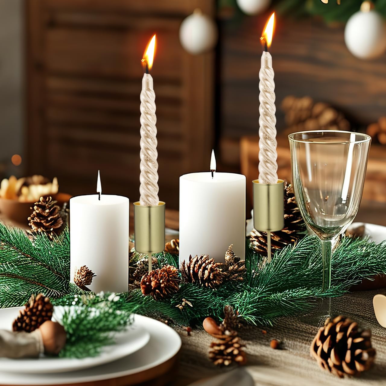 DECHOUS 5Pcs Christmas Taper Candle Holder Stakes Metal Golden Candlestick Holders with Spike Candle Cup Stakes for Xmas Table Decor Holiday Wedding Party Favor