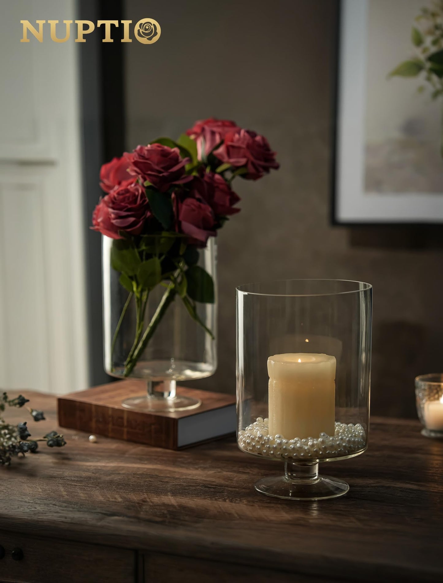 Glass Candle Holder for Pillar Candles - Large Glass Vases for Table Decoration, Clear Hurricane Candle Holder for Wedding Christmas Halloween Party Centerpiece Dining Room Decor, Gifts for Women