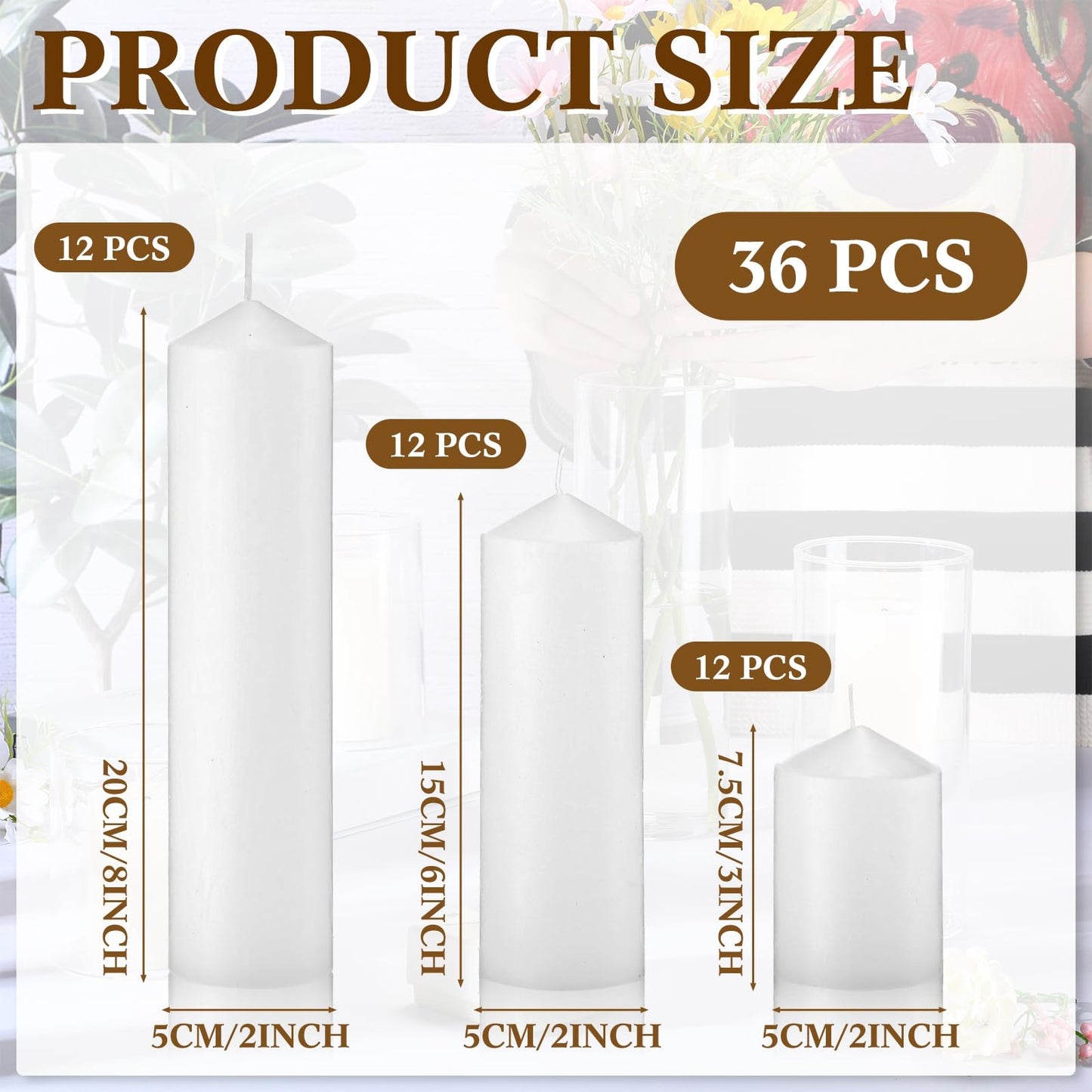 MTLEE 36 Pcs Pillar Candles Bulk Set of 3 Long Burning Wax Pillar Candles 2 in x 3, 6, 8 Inch Dripless Unscented Smokeless for Wedding Party Spa Lantern Fireplace Home(White)