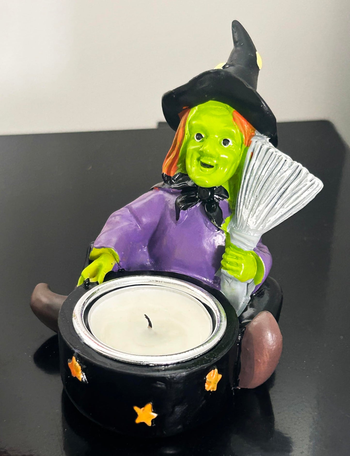 Halloween Candle Holder Spooky Witch with Broom Tealight Candle Holder Scary Halloween Decorations - Skeleton Skull Candle Holder for Bedroom Living Room Mantel Shelf Tabletop Décor