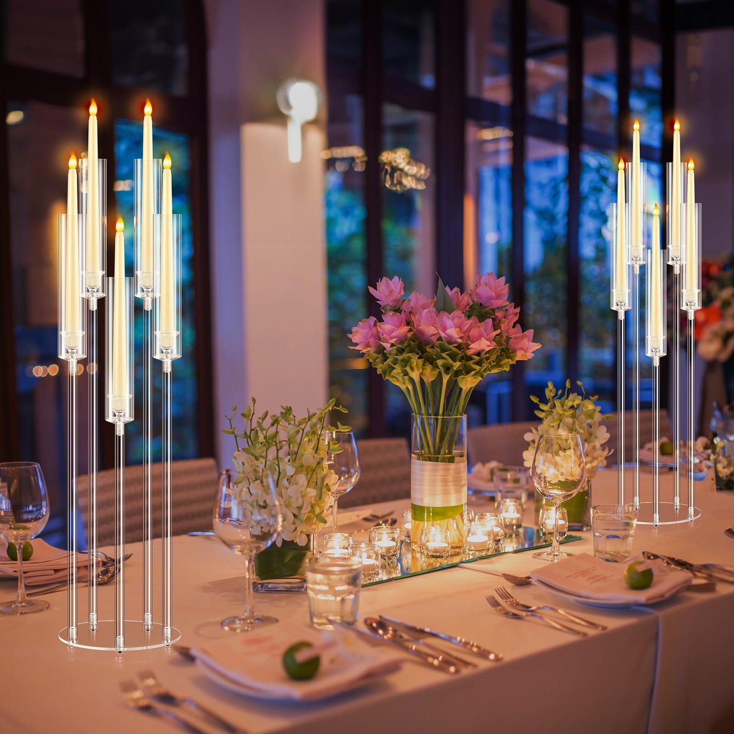 Barydat 4 Pcs Acrylic Candelabra Centerpieces Clear Taper Candle Candlestick Holder Crystal 5 Arm Candlesticks Holder with Acrylic Shade Pillar Fit 0.87" LED Candle for Wedding Dinner Party (Clear)