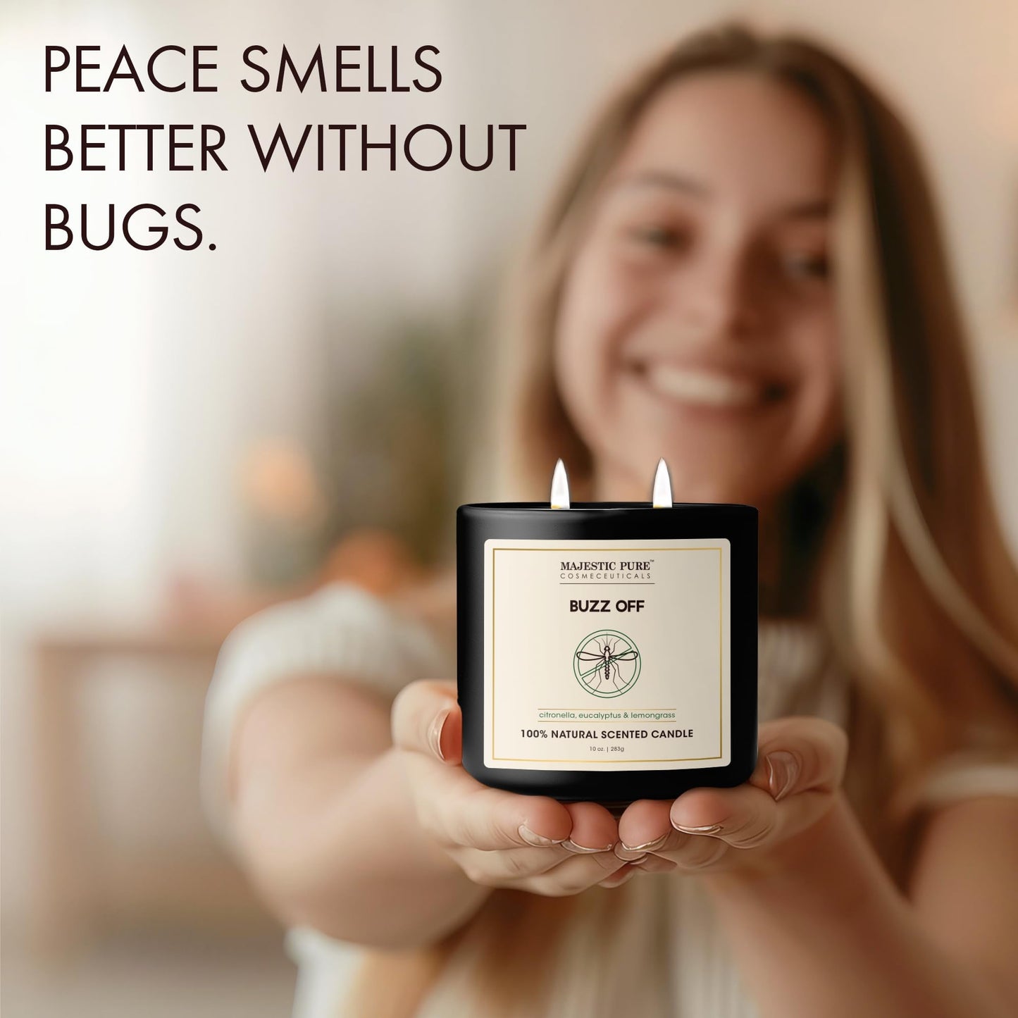 Majestic Pure Citronella Eucalyptus Lemongrass Scented Candle with Upto 45+ Hrs Burn Time, 2-Wick Candle, Soy Wax Blend for Cleaner Burn, 10 oz Jar Candle with Room Filling Fragrance, Buzz