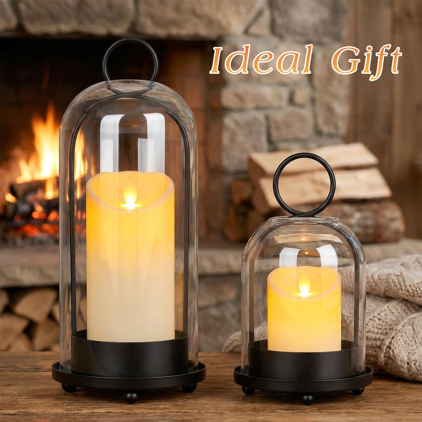 Fohil 5" & 4" Hurricane Glass Candle Holders, Set of 2 Metal Candle Holder with Handmade Sturdy Glass Dome, Candle Lantern for Pillar Candles, Plants, Table Centerpiece, Home Decor