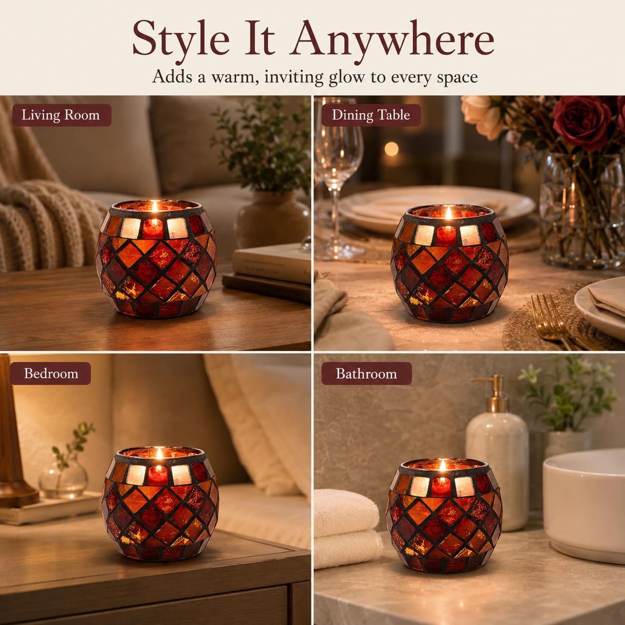 Votive Candle Holder Tea Lights - Glass Candle Holders, Mosaic Tealight Candle Holder, Candle Jar Cup for Wedding Centerpiece Party Table Decorations, Valentines Day Decor