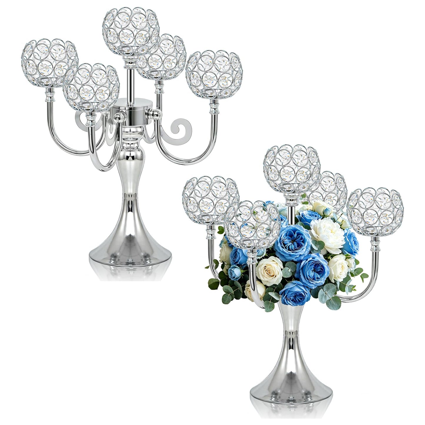 5 Arm Metal Crystal Candelabra Centerpiece - 13.4 Inch Elegant Candle Holder with Crystal Beads for Wedding Party Christmas Home Dining Table Decoration (2, Silver)